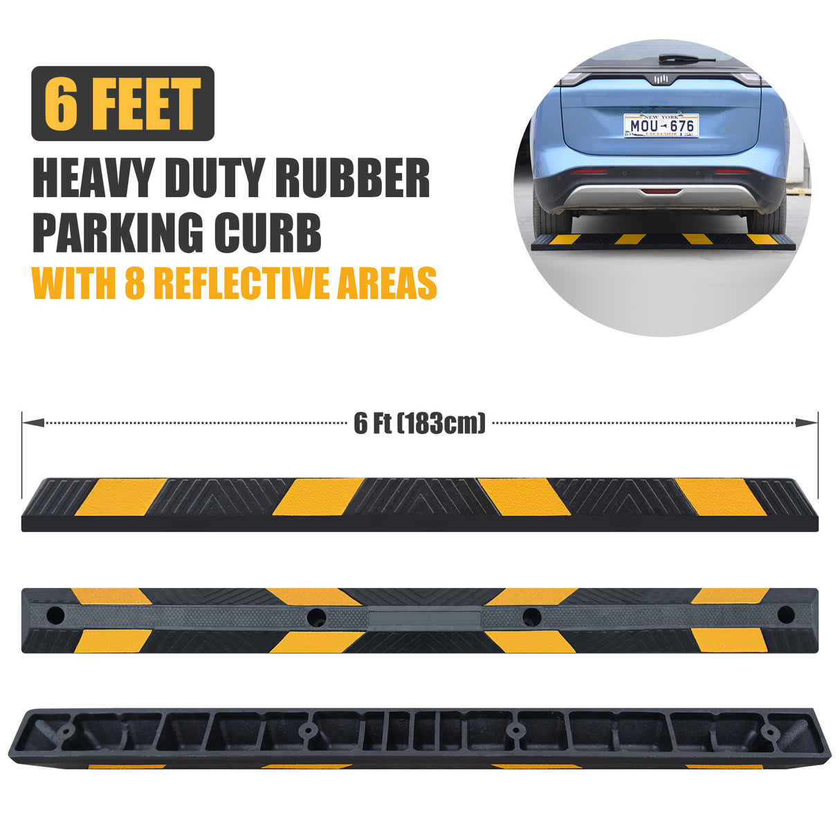 6Foot Heavy Duty Rubber Parking Curb with Beads Reflector