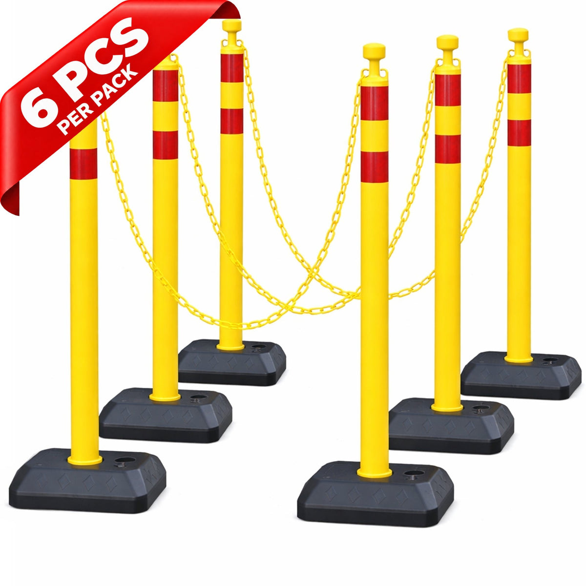 6-Pack Chain Stachion Post with Heavy Rubber or Water Filled Base - full setup