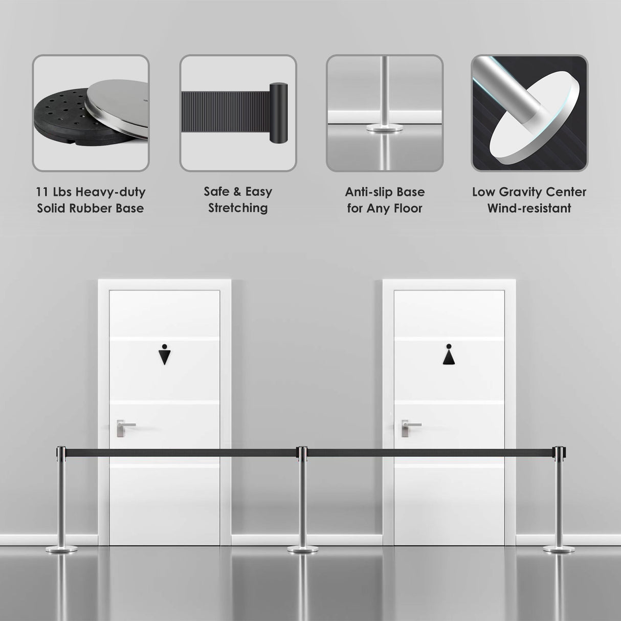 Stainless Steel Retractable Stanchion with 10 ft Black Belt