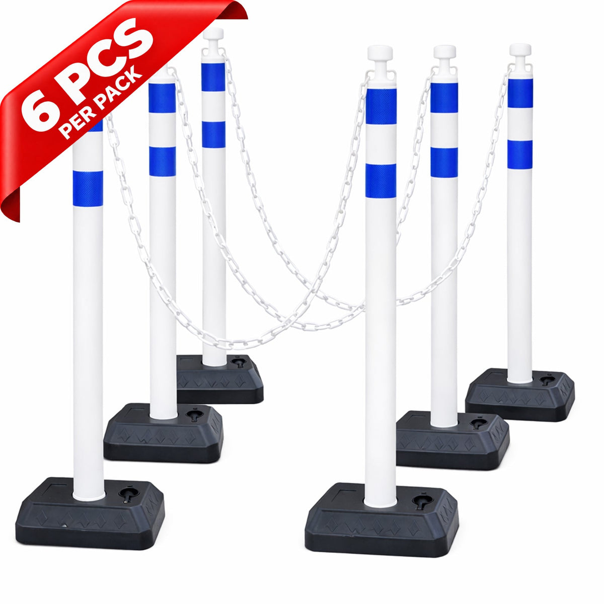 6-Pack Chain Stachion Post with Heavy Rubber or Water Filled Base - packaging and contents