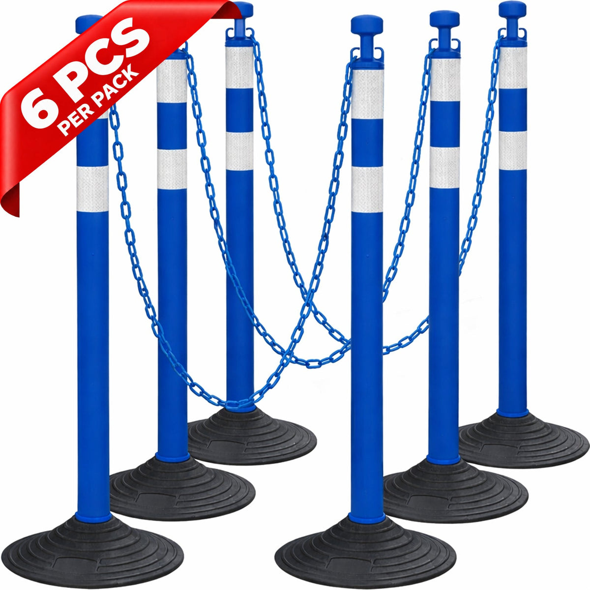 6-Pack Chain Stachion Post with Heavy Rubber or Water Filled Base - front view