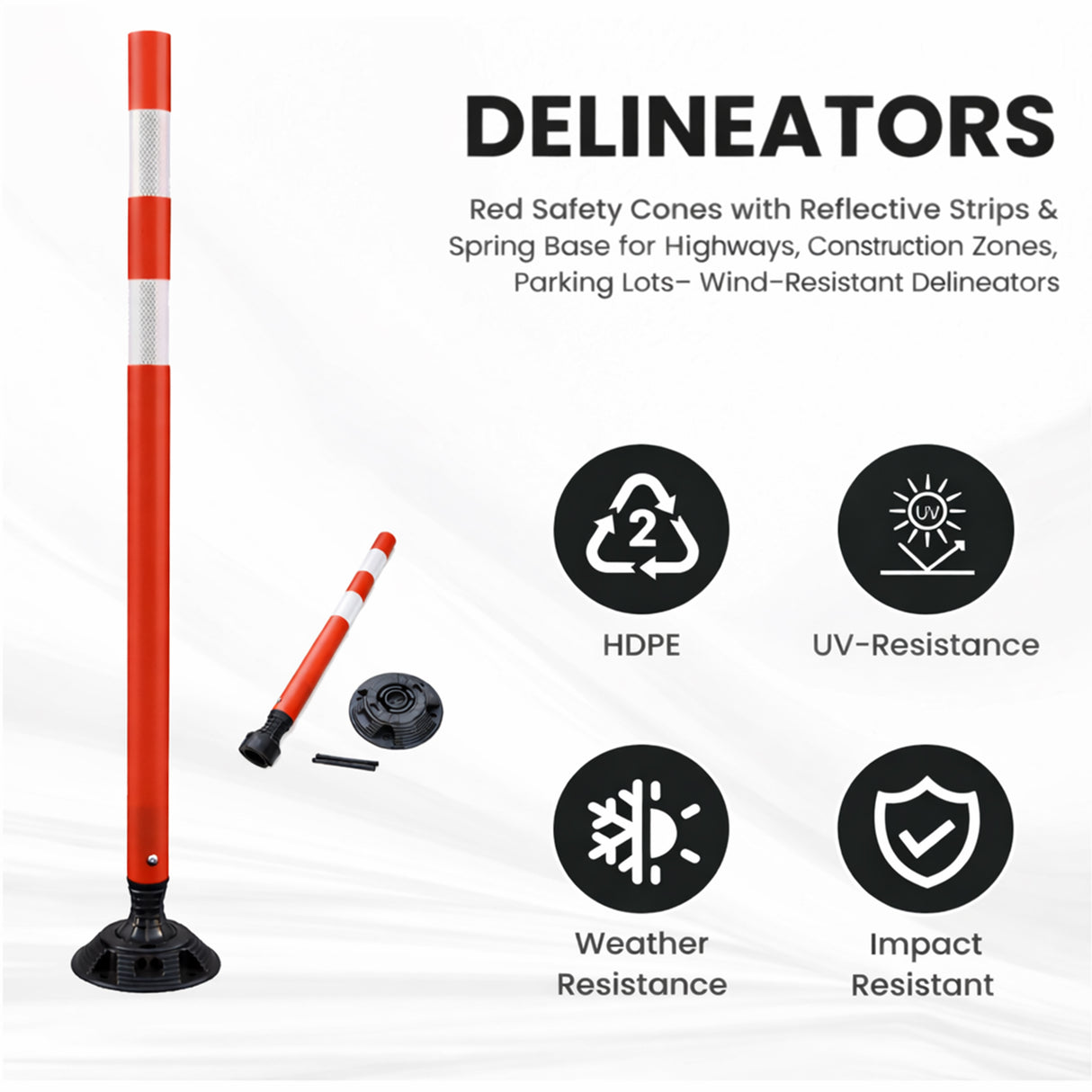 Flexible Surface Mount Delineator Post - Durable Traffic Safety Post for Parking Lots, Construction Zones, and Roadway Marking - Easy to Install, High Visibility, Impact-Resistant
