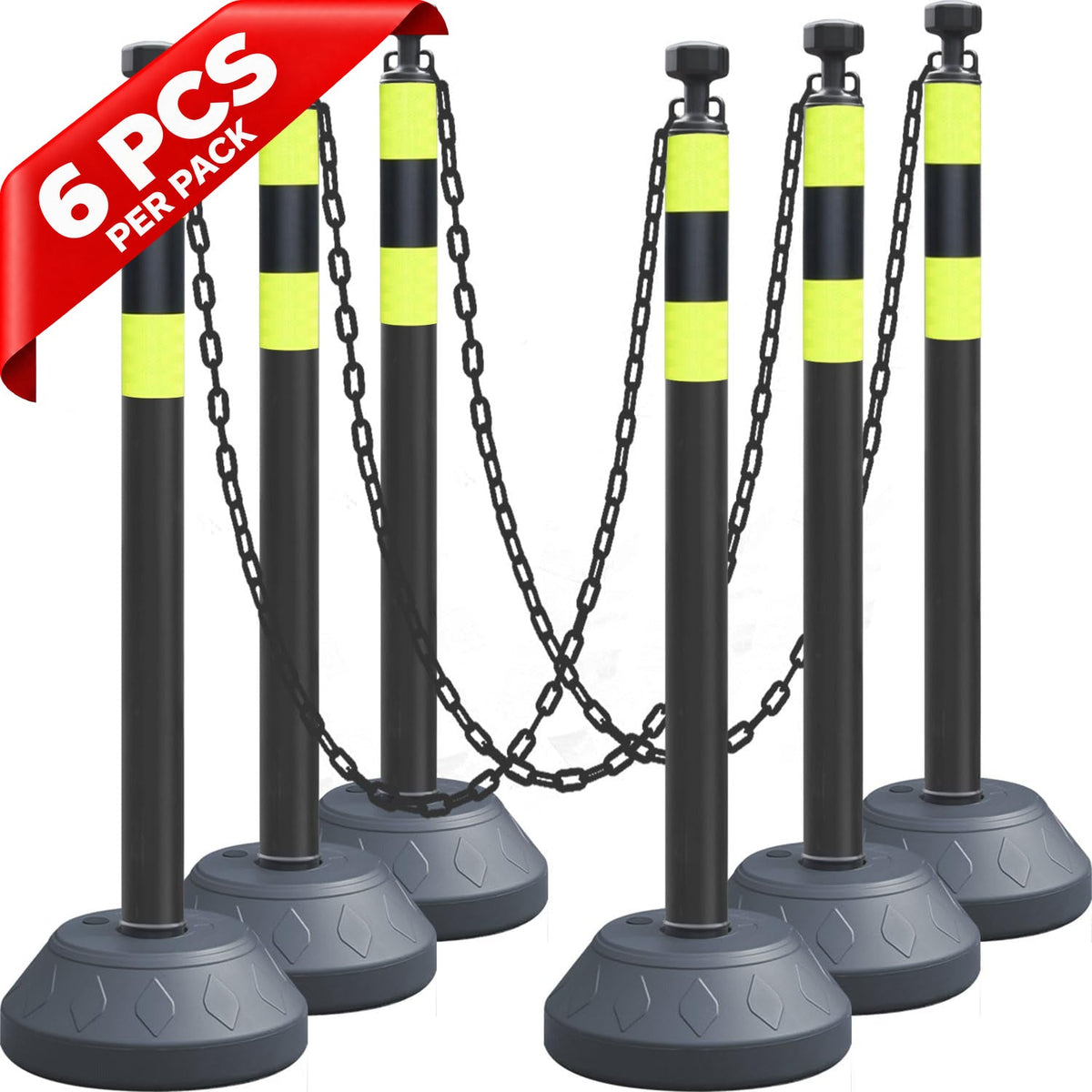 6-Pack Chain Stachion Post with Heavy Rubber or Water Filled Base - comparison view