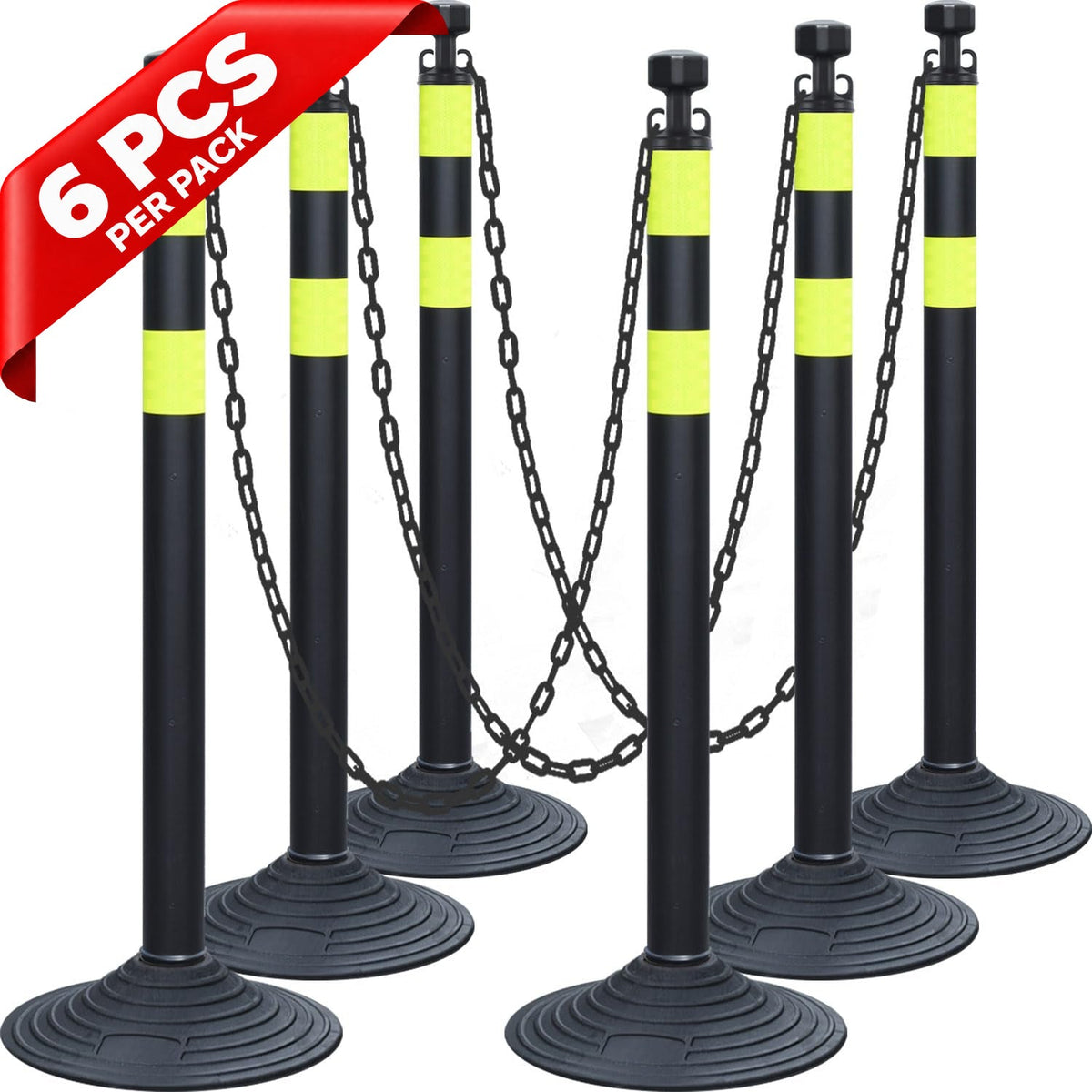 6-Pack Chain Stachion Post with Heavy Rubber or Water Filled Base - front view