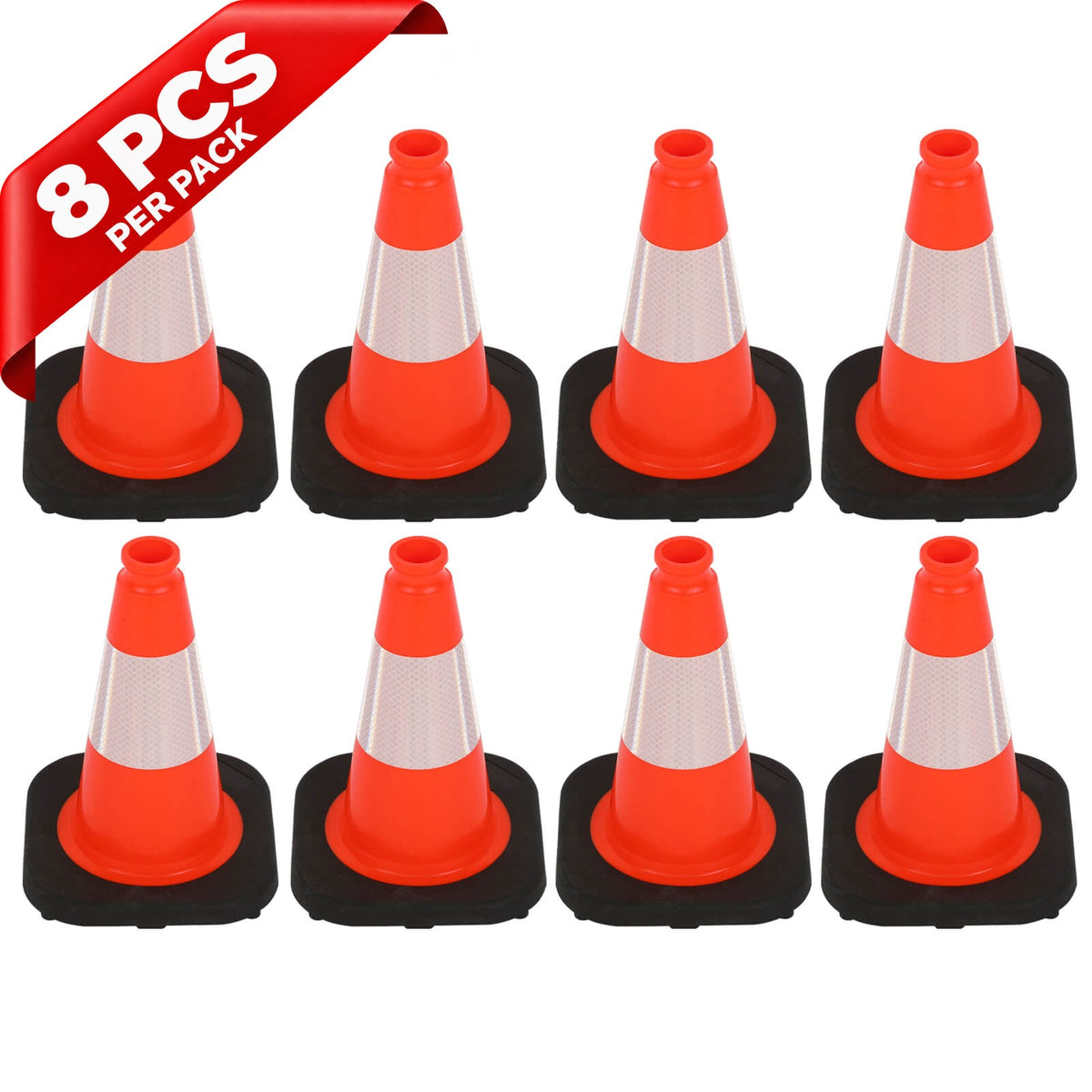 Heavy-Duty Black Base Traffic Cones with Reflective Stripe - full setup