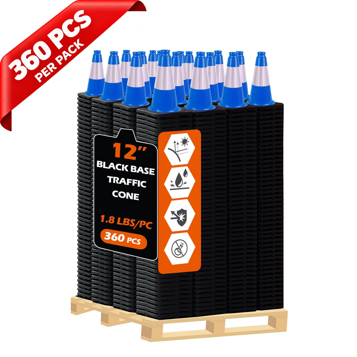 Heavy-Duty Black Base Traffic Cones with Reflective Stripe - product dimensions