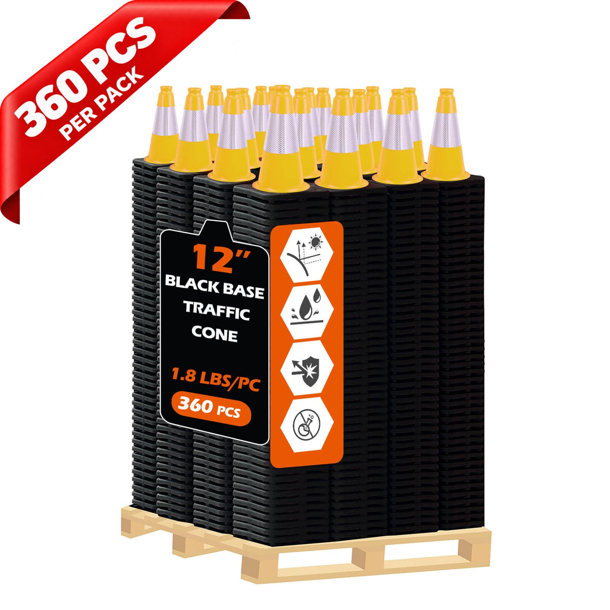 Heavy-Duty Black Base Traffic Cones with Reflective Stripe - with accessories