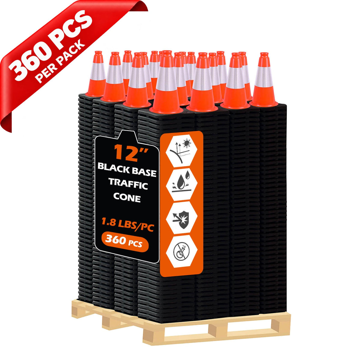 Heavy-Duty Black Base Traffic Cones with Reflective Stripe - close-up detail