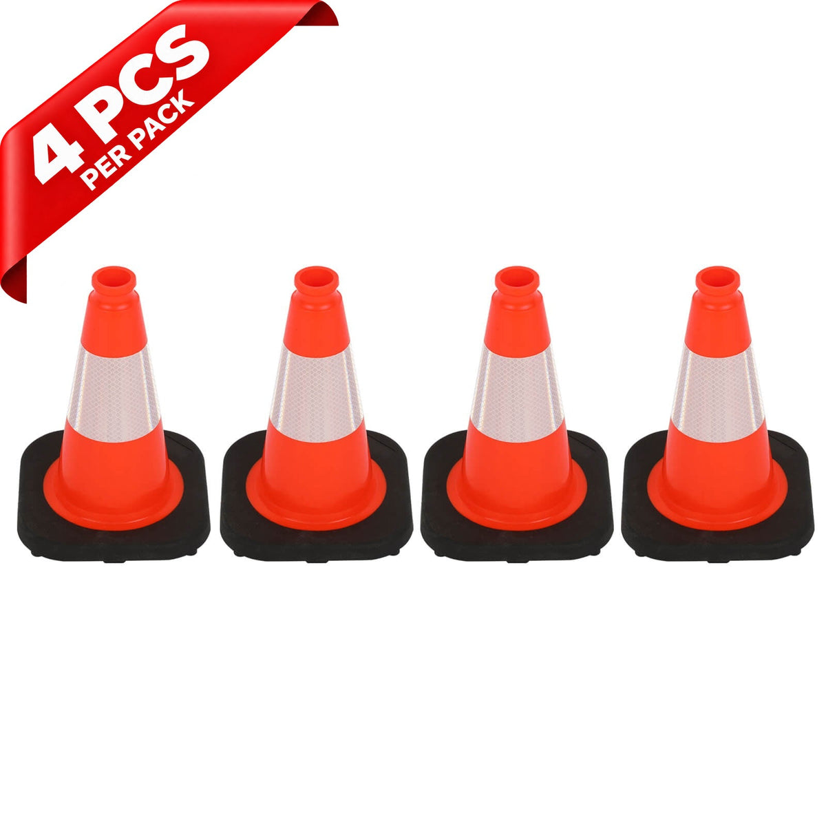 Heavy-Duty Black Base Traffic Cones with Reflective Stripe - side angle