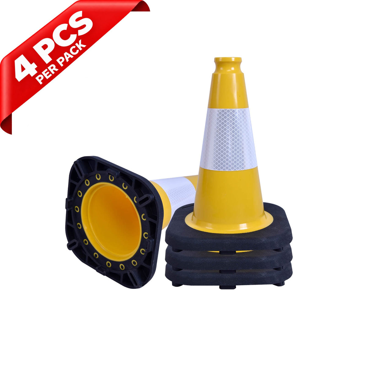 Heavy-Duty Black Base Traffic Cones with Reflective Stripe - side angle
