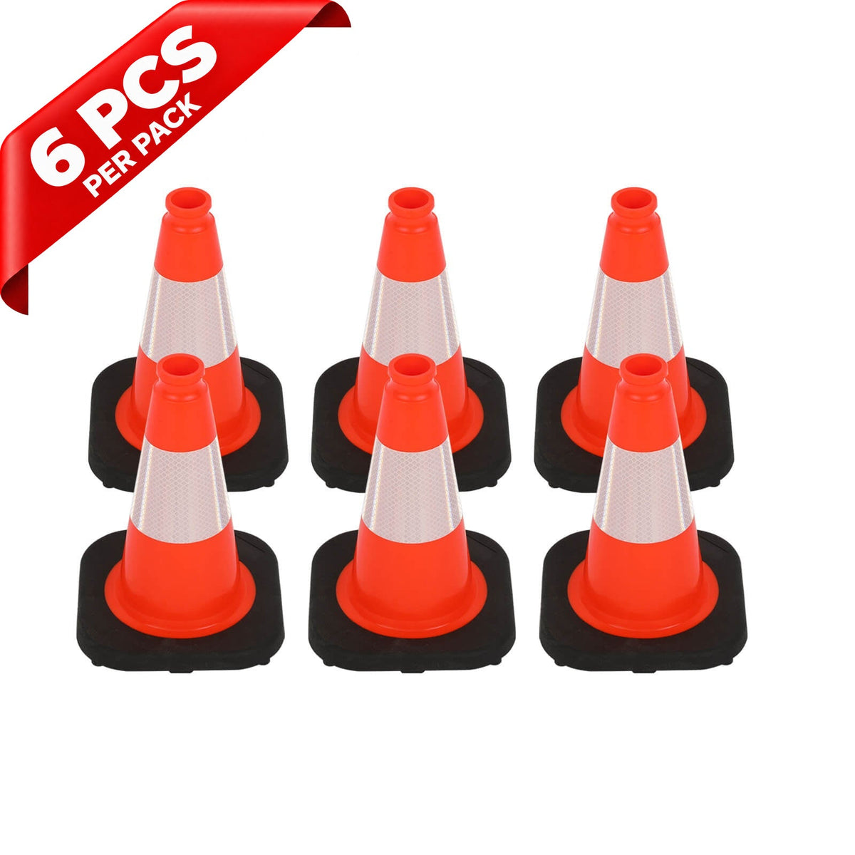 Heavy-Duty Black Base Traffic Cones with Reflective Stripe - top-down view