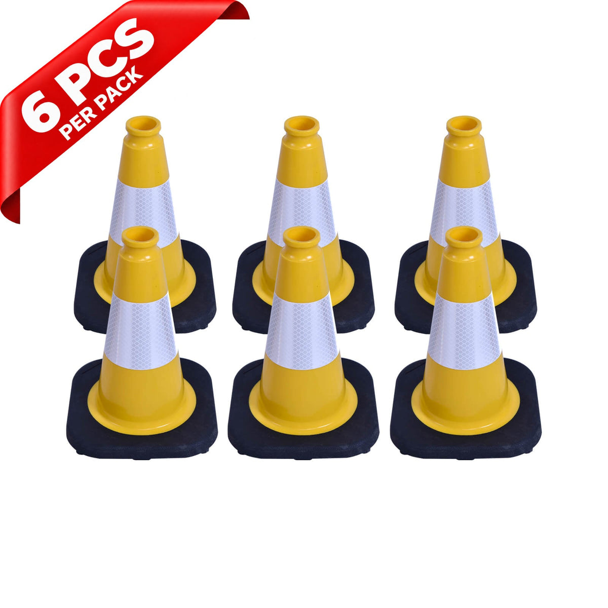Heavy-Duty Black Base Traffic Cones with Reflective Stripe - top-down view