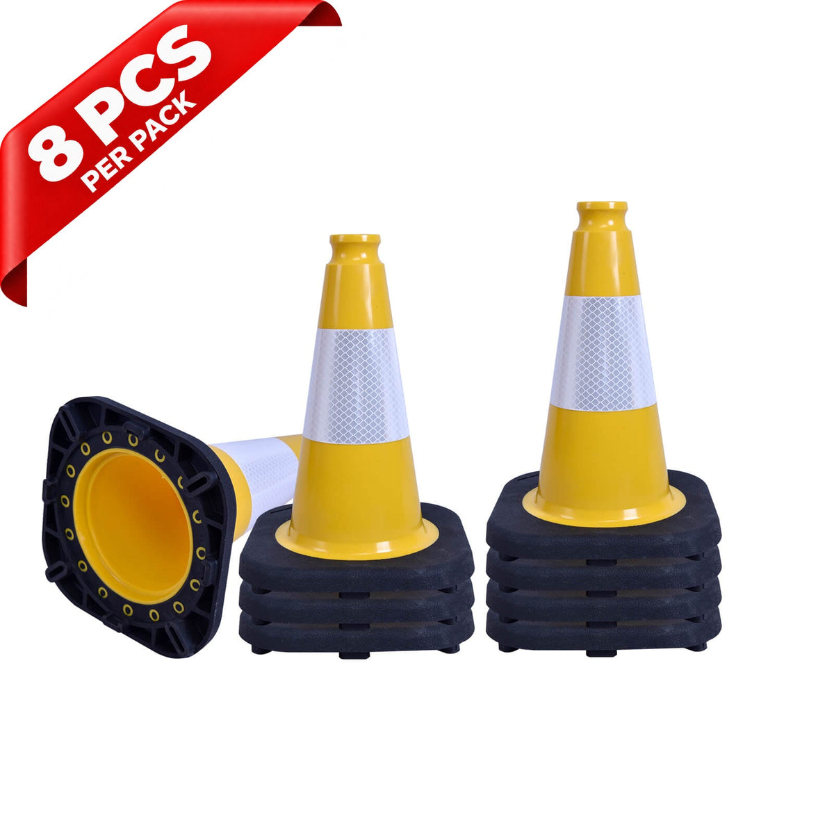 Heavy-Duty Black Base Traffic Cones with Reflective Stripe - close-up detail