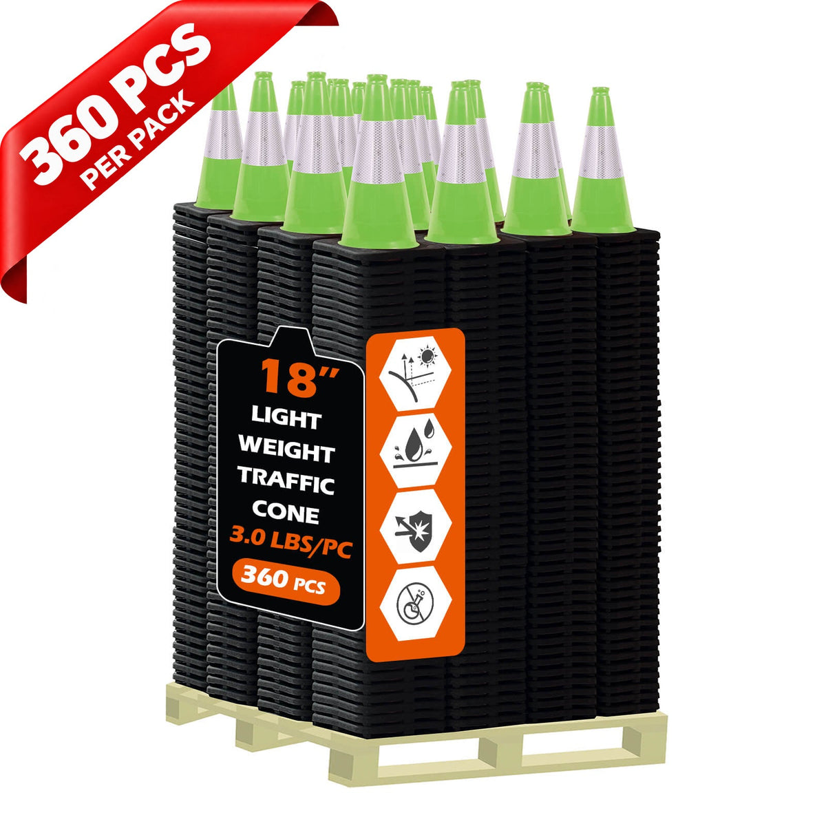 Heavy-Duty Black Base Traffic Cones with Reflective Stripe - packaging and contents