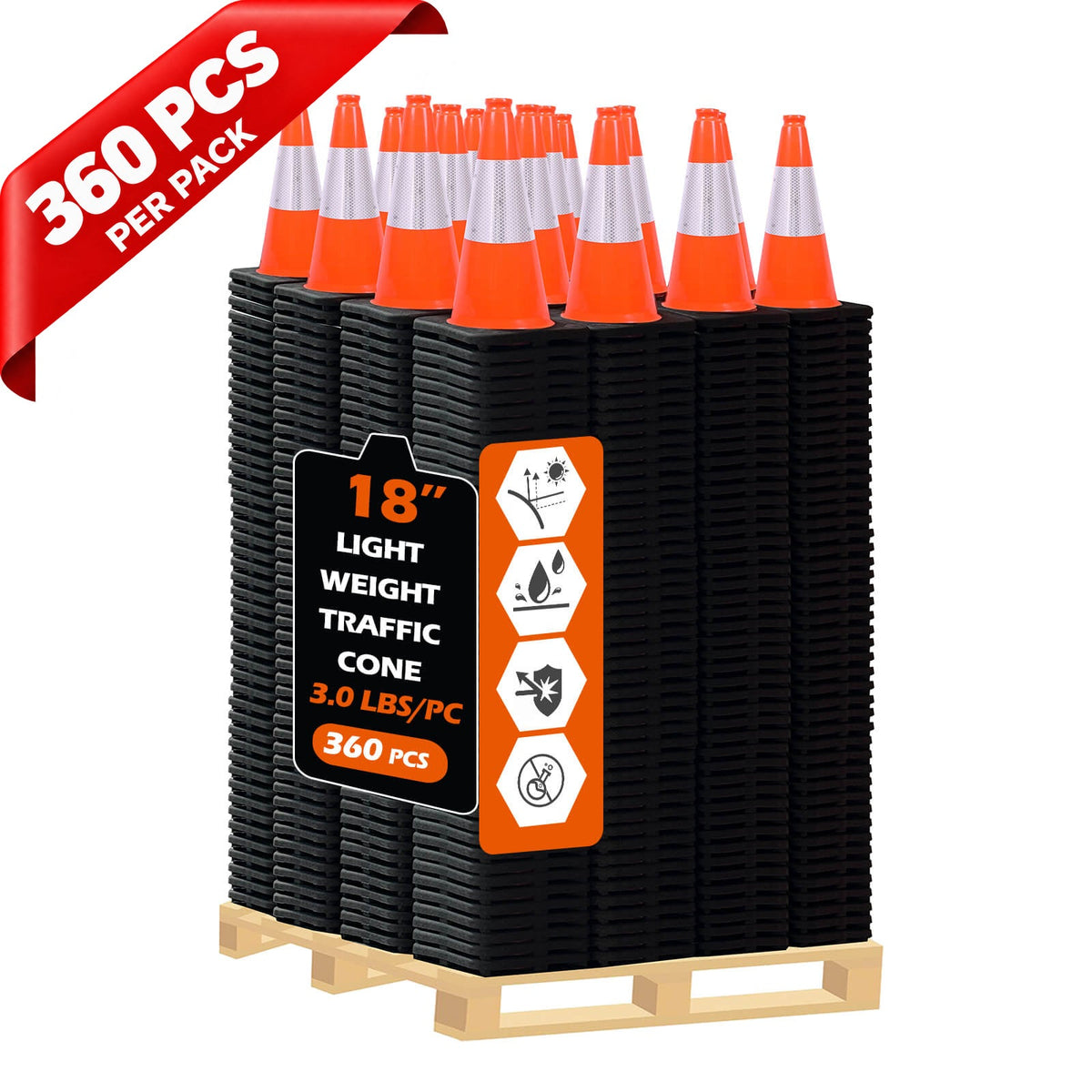 Heavy-Duty Black Base Traffic Cones with Reflective Stripe - full setup
