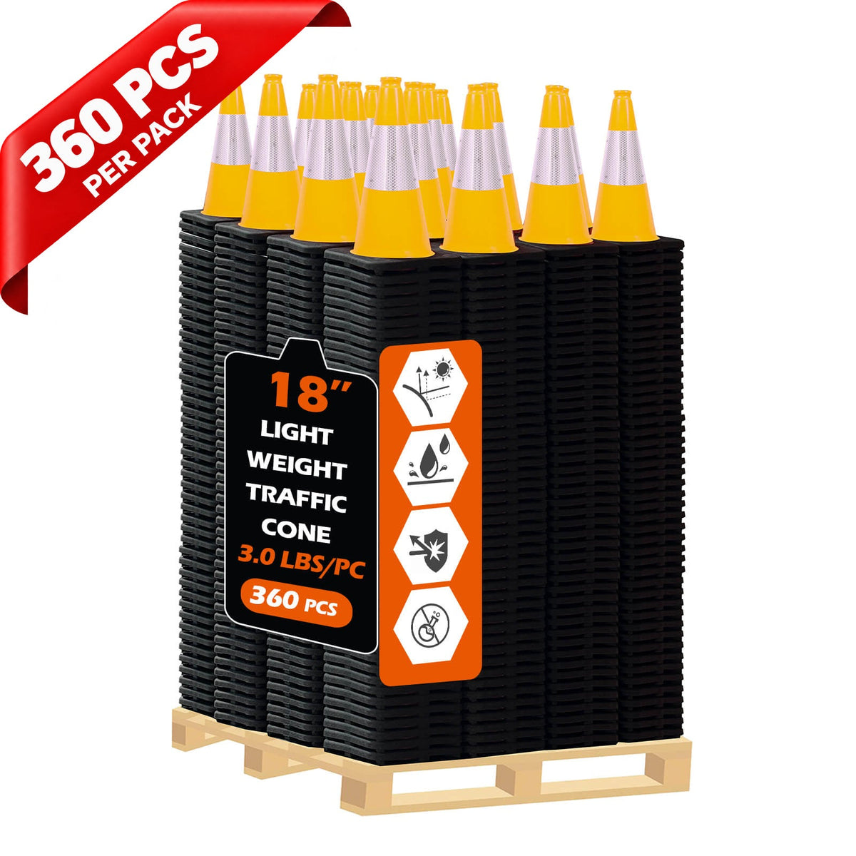Heavy-Duty Black Base Traffic Cones with Reflective Stripe - comparison view