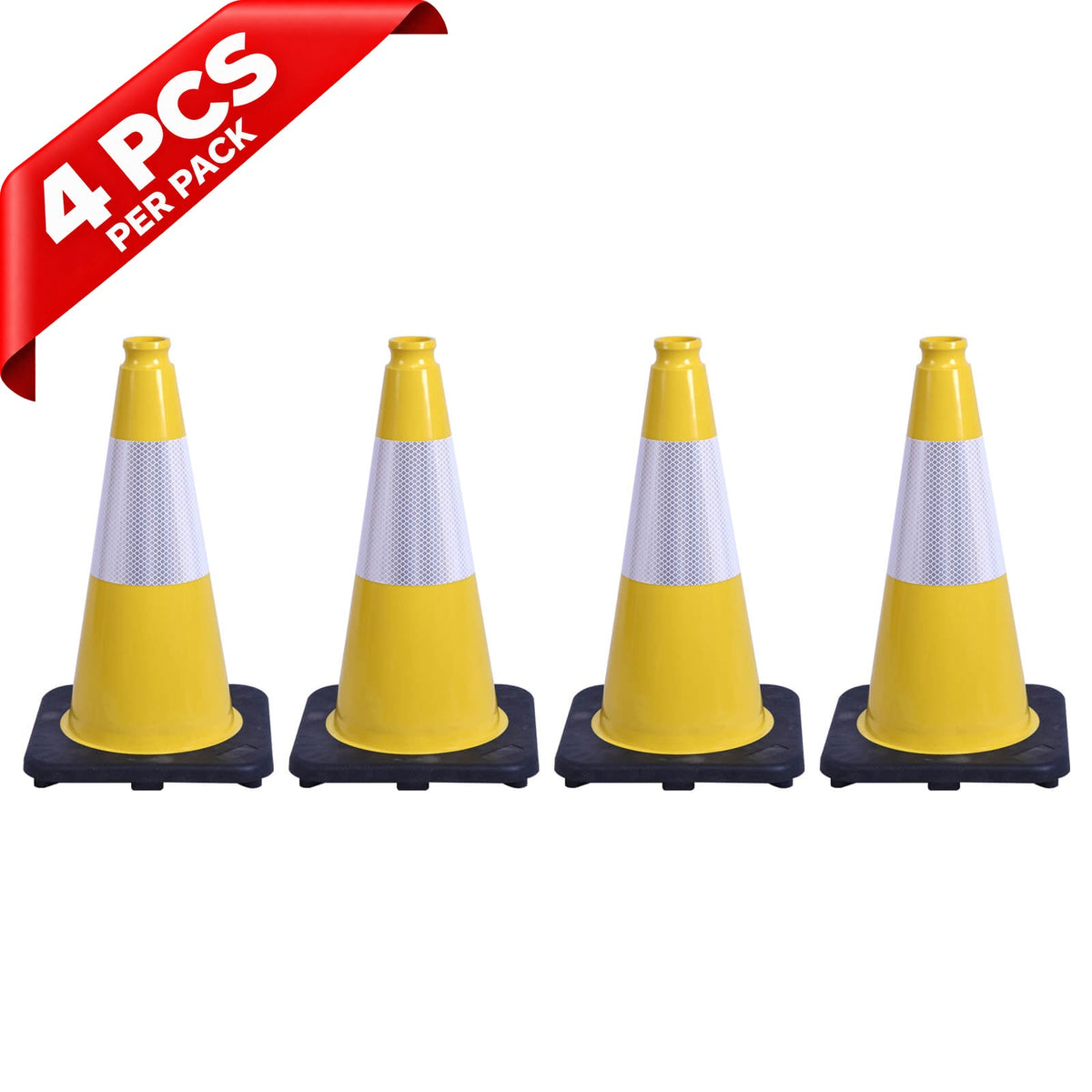 Heavy-Duty Black Base Traffic Cones with Reflective Stripe - side angle