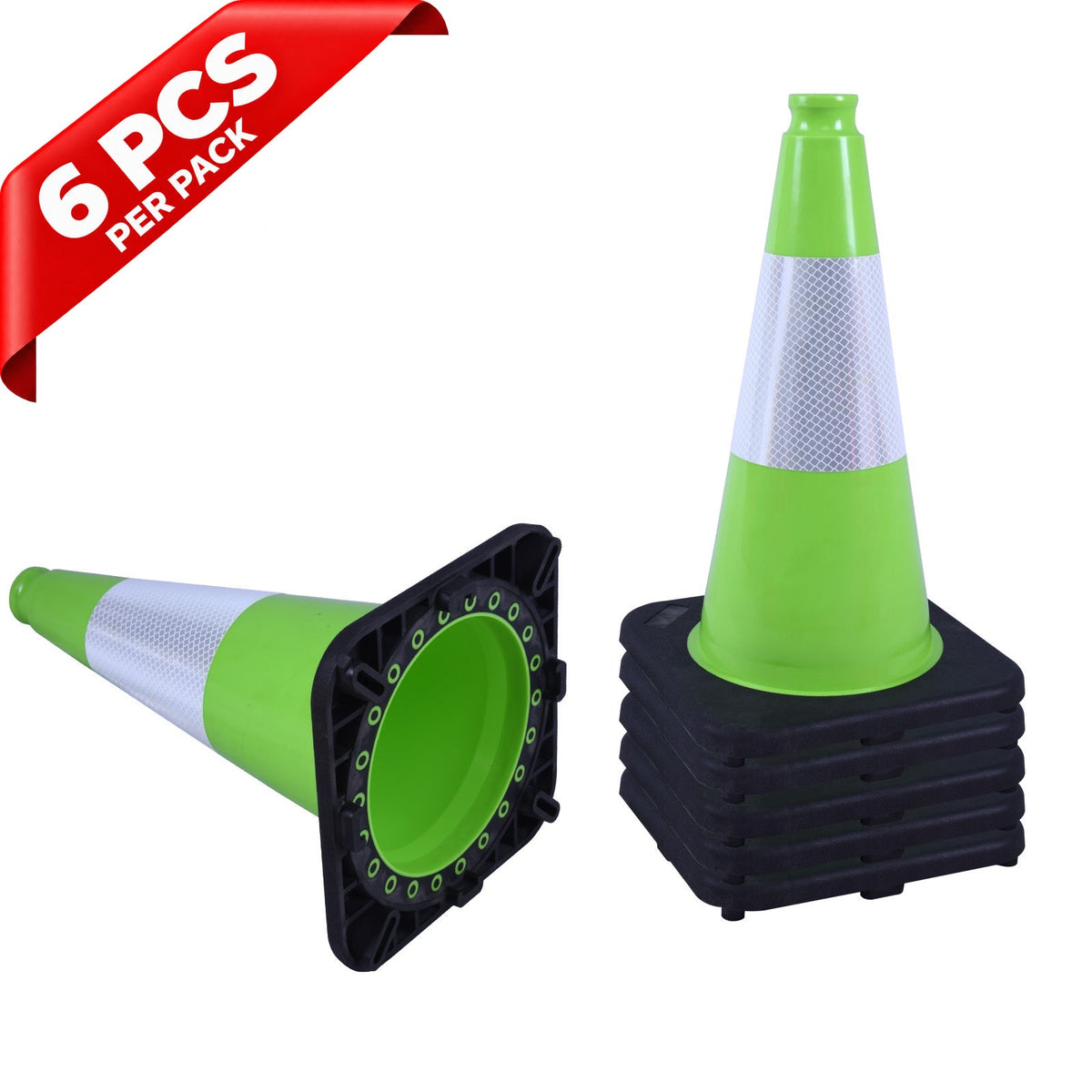 Heavy-Duty Black Base Traffic Cones with Reflective Stripe - packaging and contents