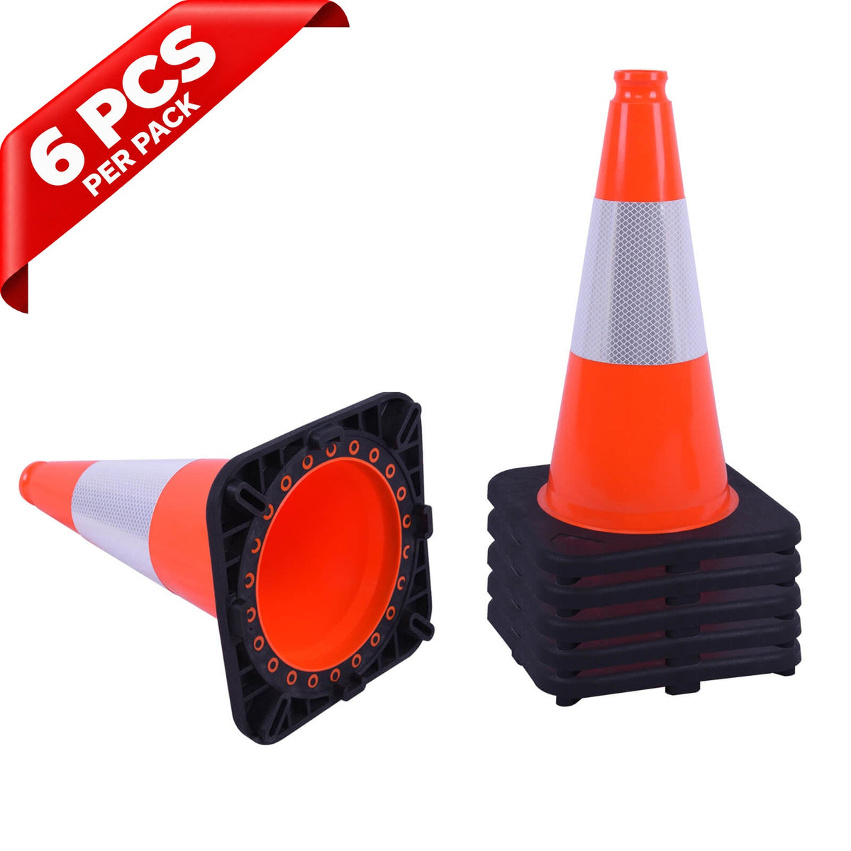 Heavy-Duty Black Base Traffic Cones with Reflective Stripe - product dimensions