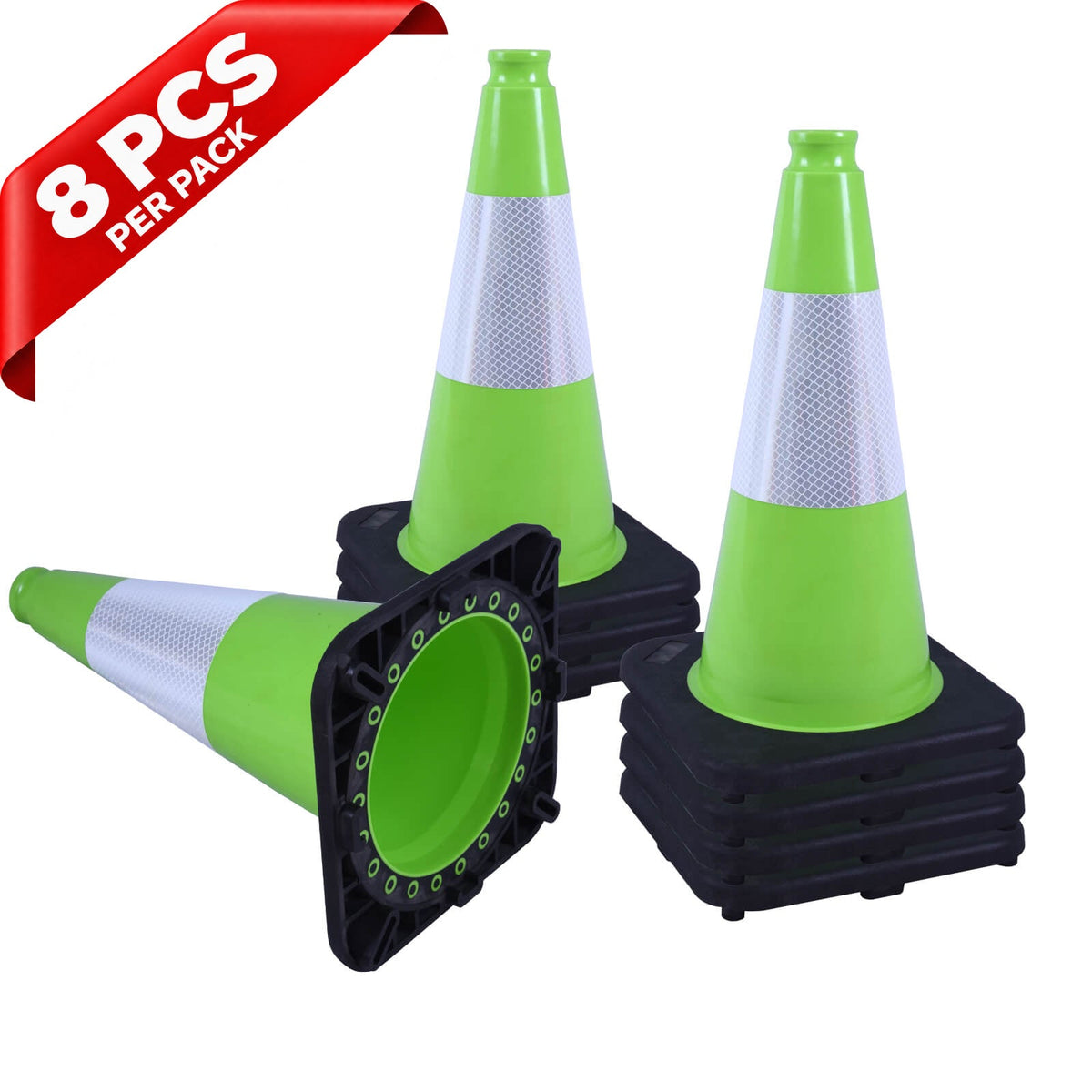 Heavy-Duty Black Base Traffic Cones with Reflective Stripe - mounted installation