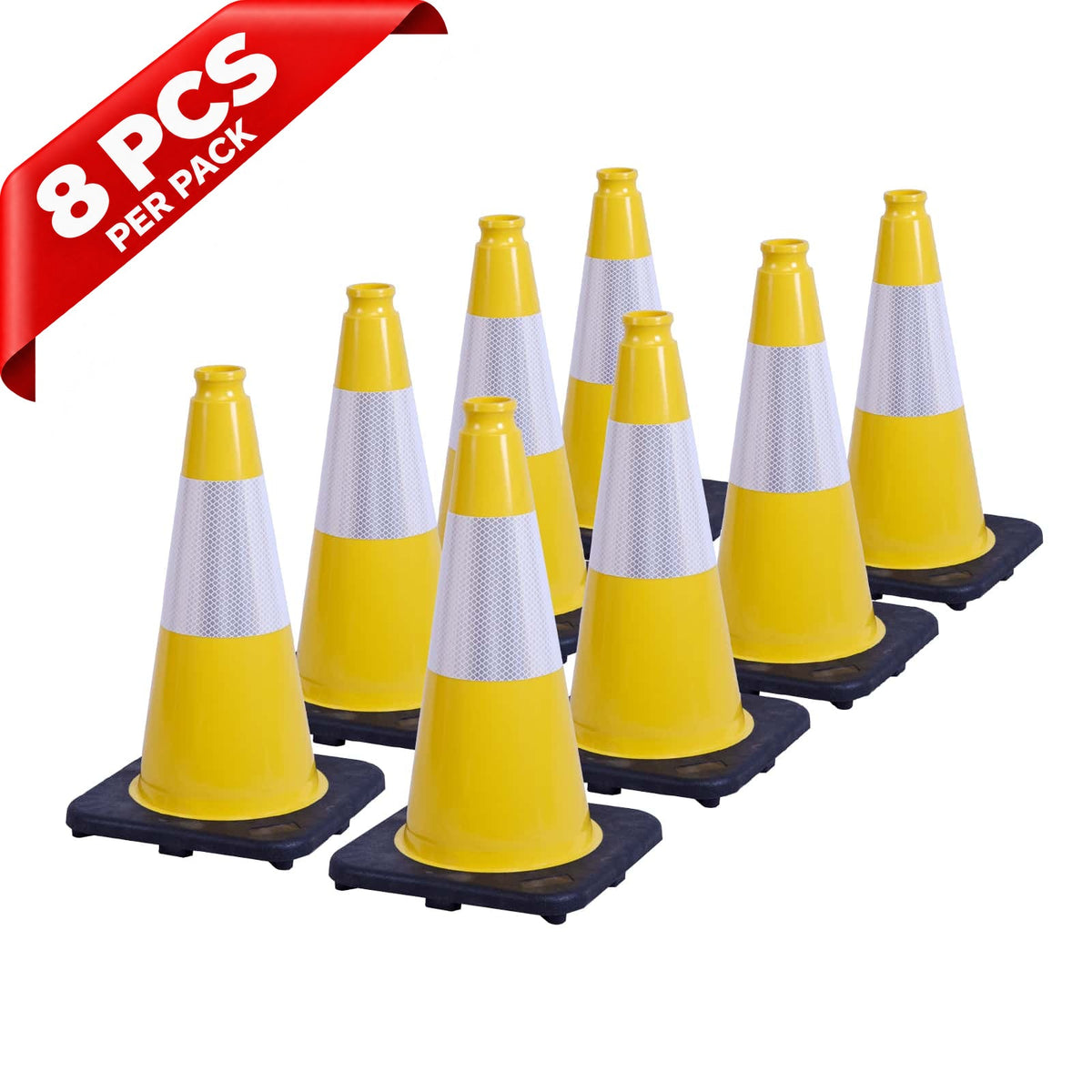 Heavy-Duty Black Base Traffic Cones with Reflective Stripe - close-up detail