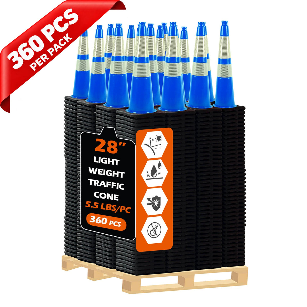 Heavy-Duty Black Base Traffic Cones with Reflective Stripe - side angle