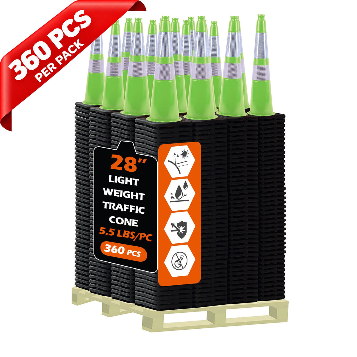 Heavy-Duty Black Base Traffic Cones with Reflective Stripe - front view