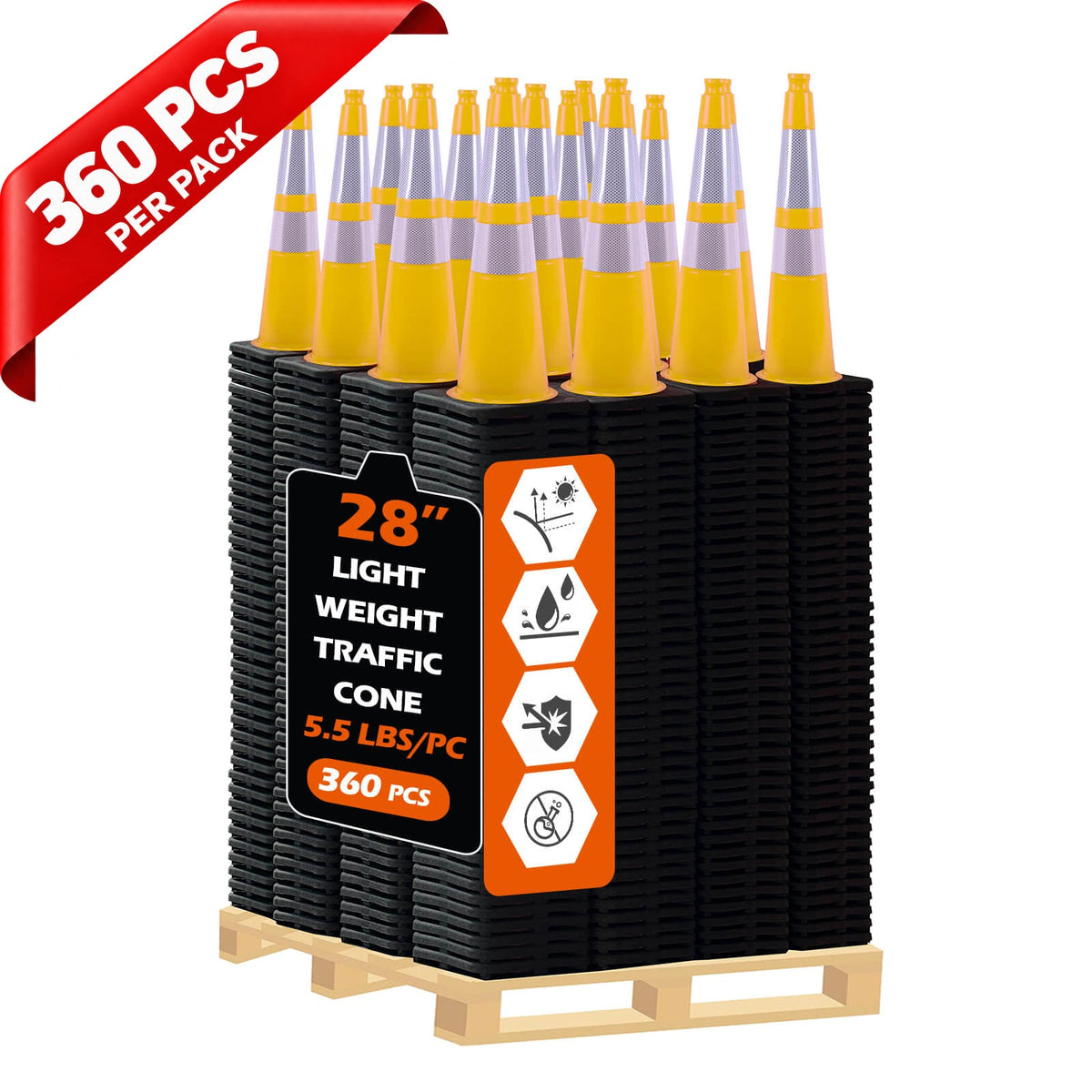 Heavy-Duty Black Base Traffic Cones with Reflective Stripe - top-down view
