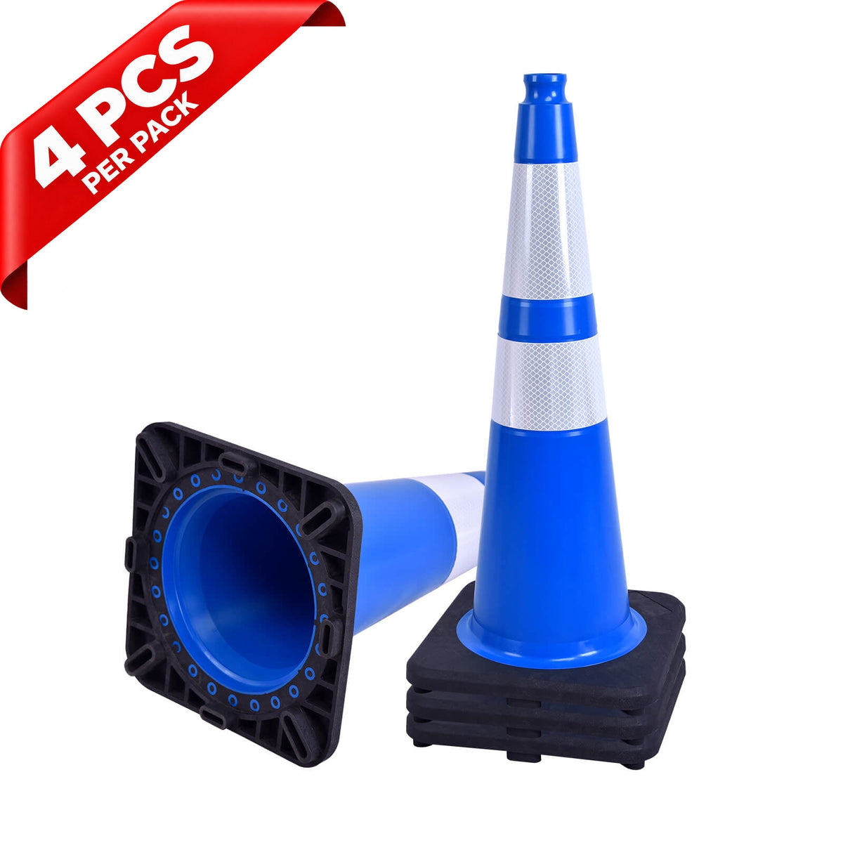 Heavy-Duty Black Base Traffic Cones with Reflective Stripe - comparison view