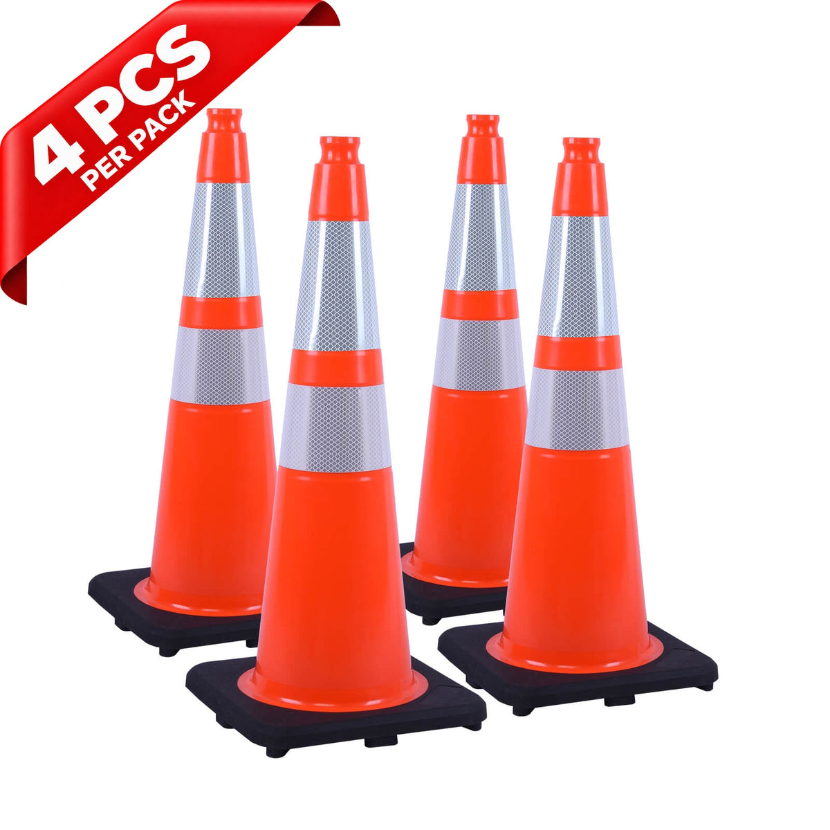 Heavy-Duty Black Base Traffic Cones with Reflective Stripe - in use on site