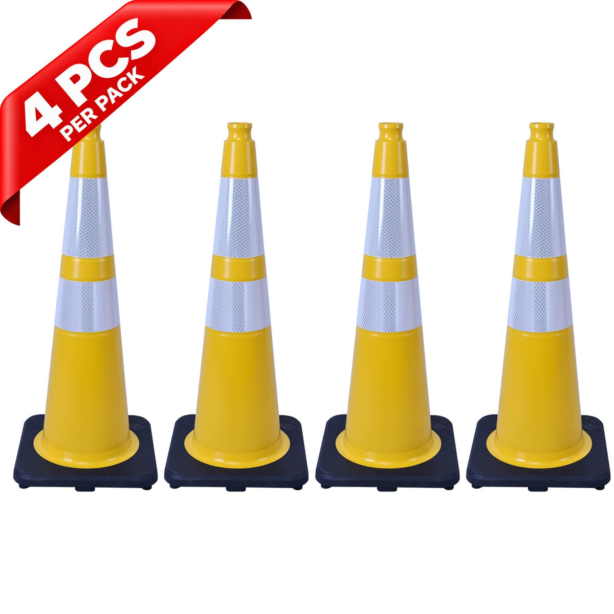 Heavy-Duty Black Base Traffic Cones with Reflective Stripe - side angle