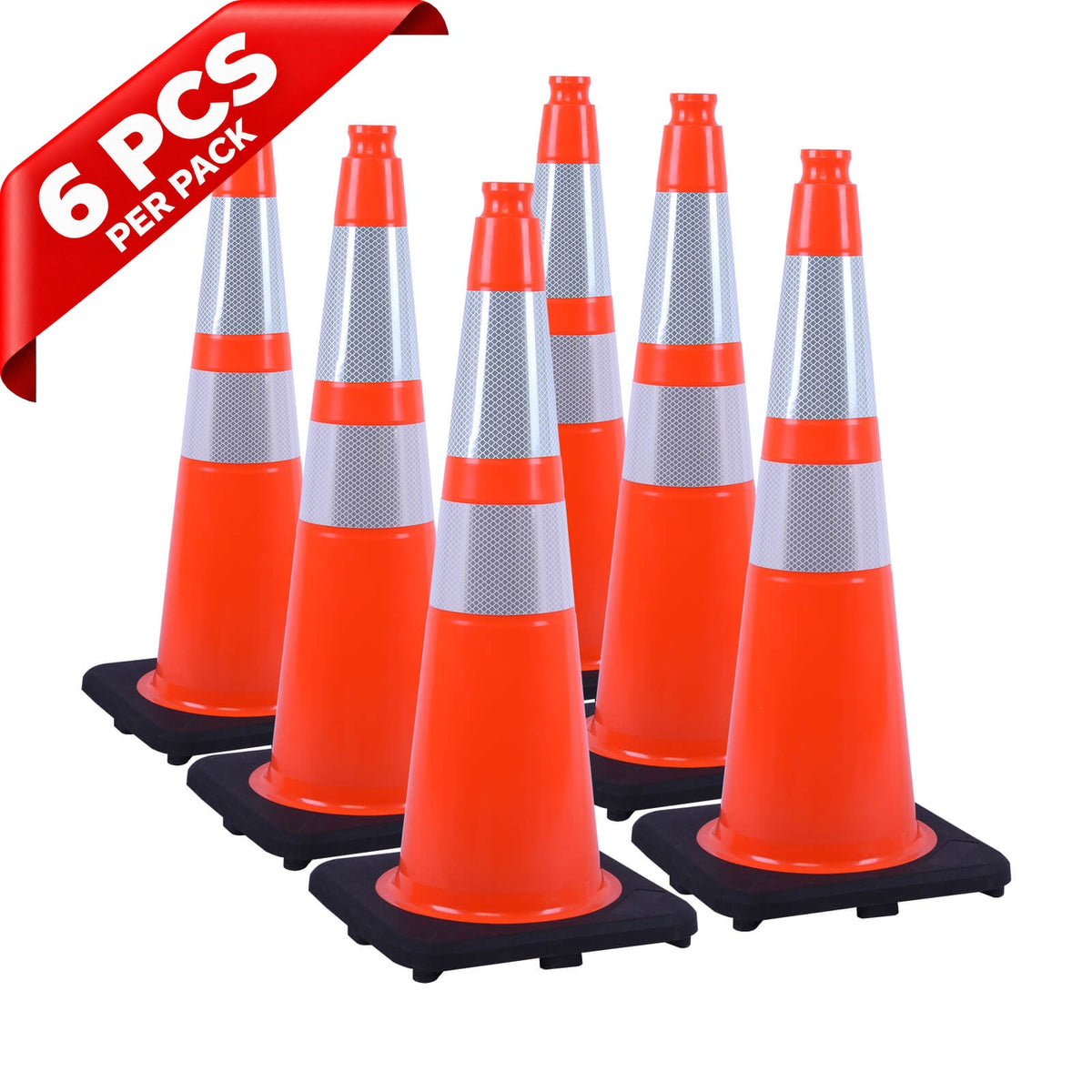 Heavy-Duty Black Base Traffic Cones with Reflective Stripe - product dimensions