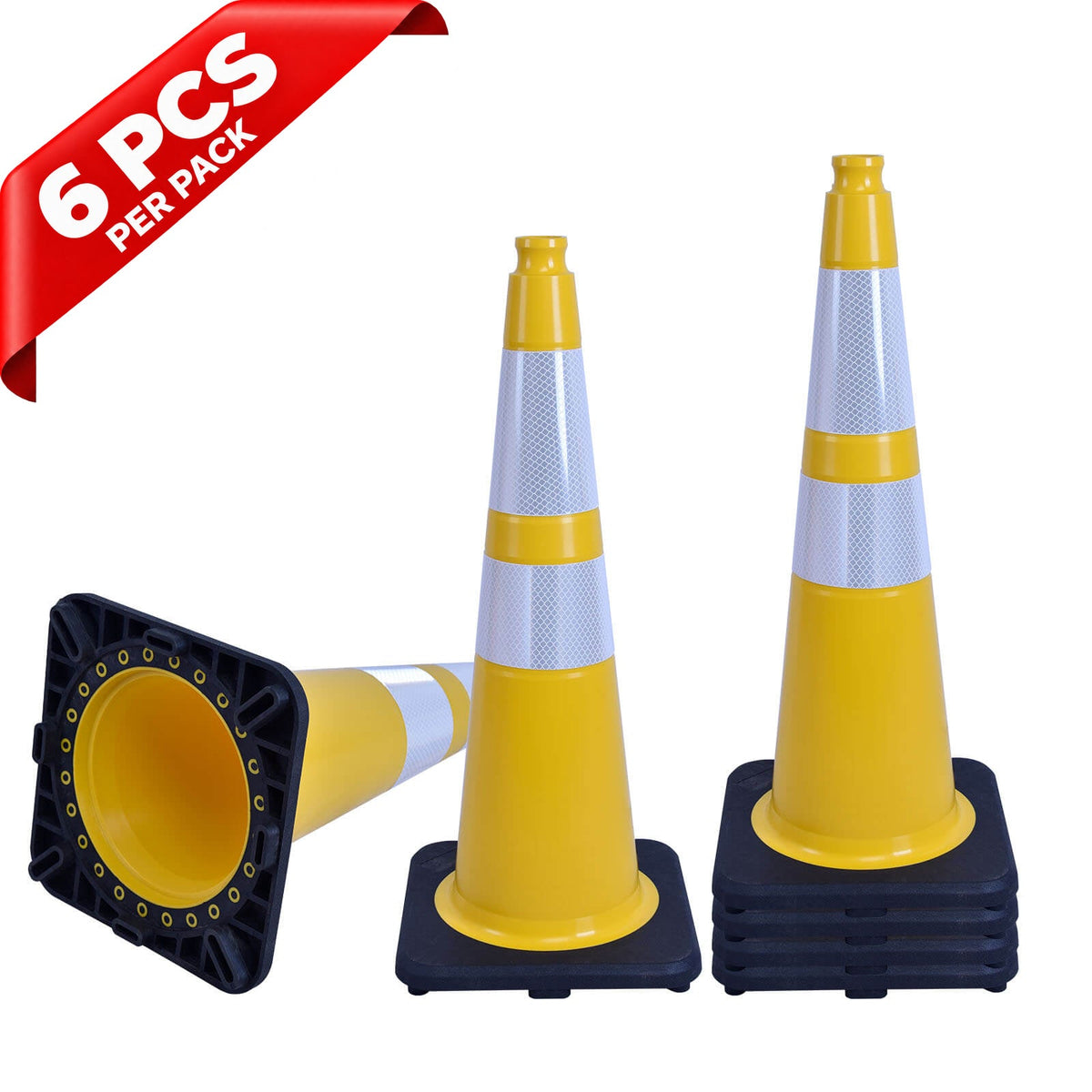 Heavy-Duty Black Base Traffic Cones with Reflective Stripe - top-down view