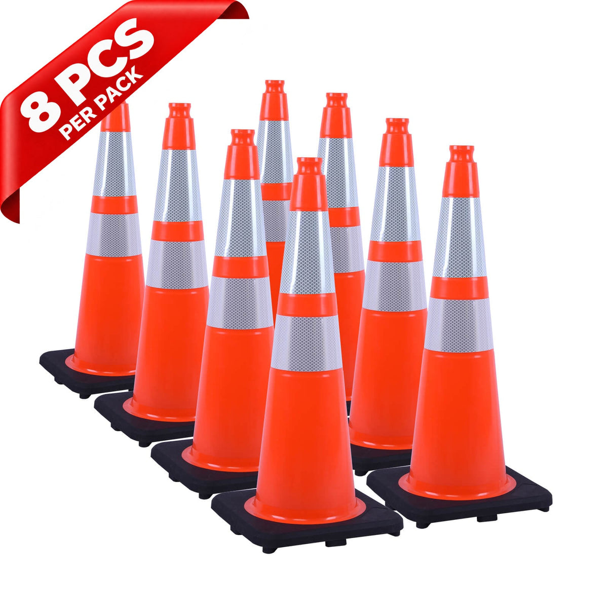 Heavy-Duty Black Base Traffic Cones with Reflective Stripe - with accessories