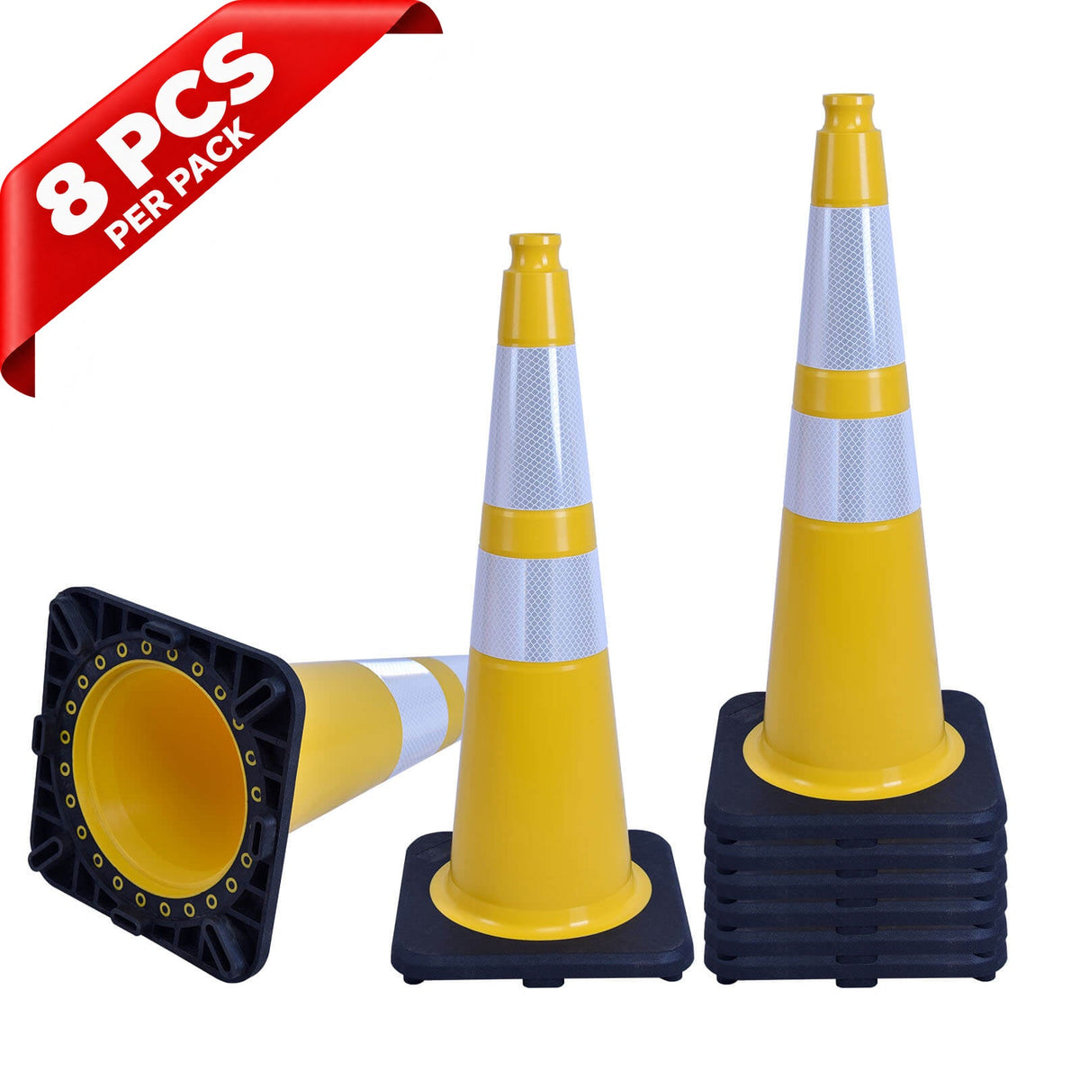 Heavy-Duty Black Base Traffic Cones with Reflective Stripe - close-up detail
