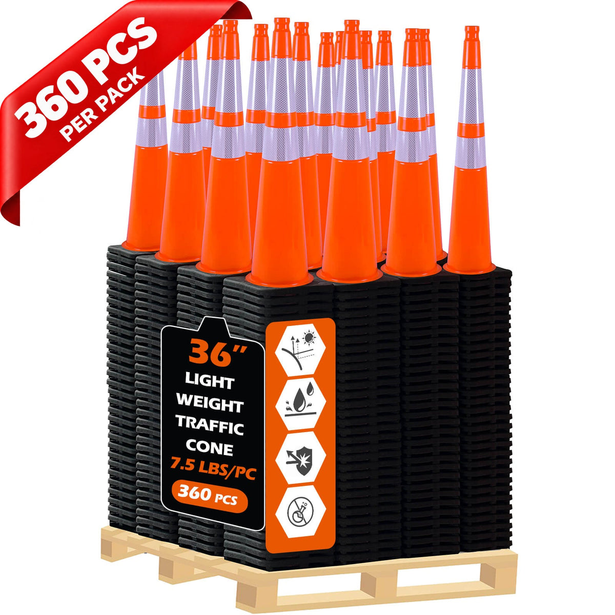 Heavy-Duty Black Base Traffic Cones with Reflective Stripe - close-up detail