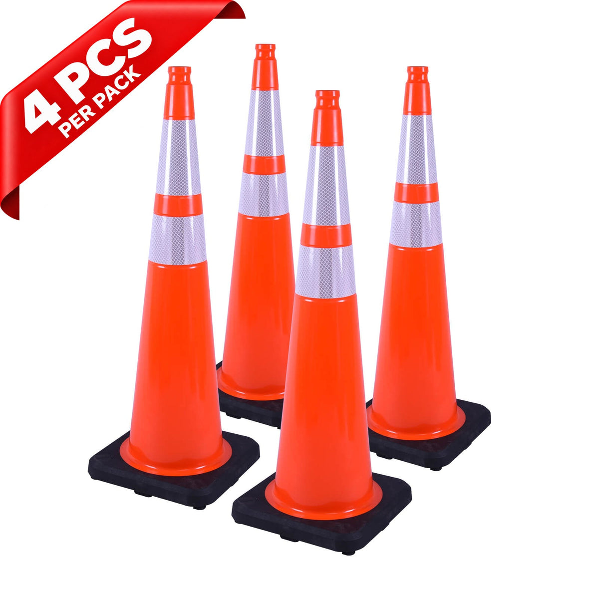 Heavy-Duty Black Base Traffic Cones with Reflective Stripe - in use on site