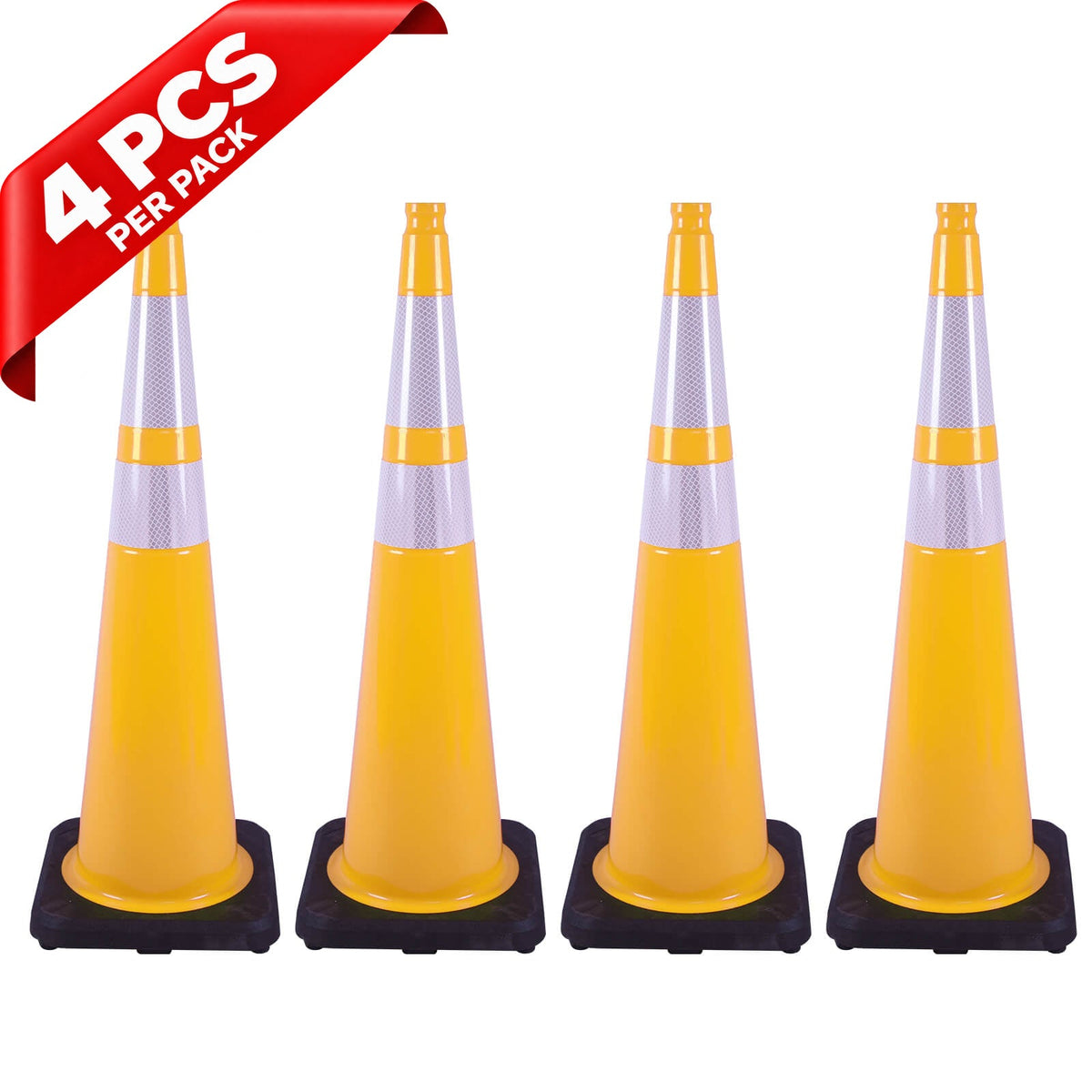 Heavy-Duty Black Base Traffic Cones with Reflective Stripe - front view