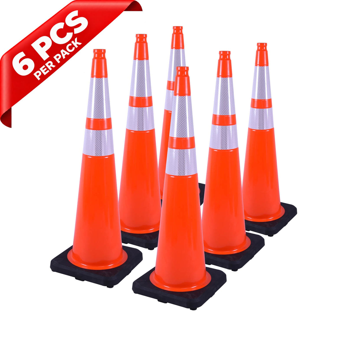 Heavy-Duty Black Base Traffic Cones with Reflective Stripe - product dimensions