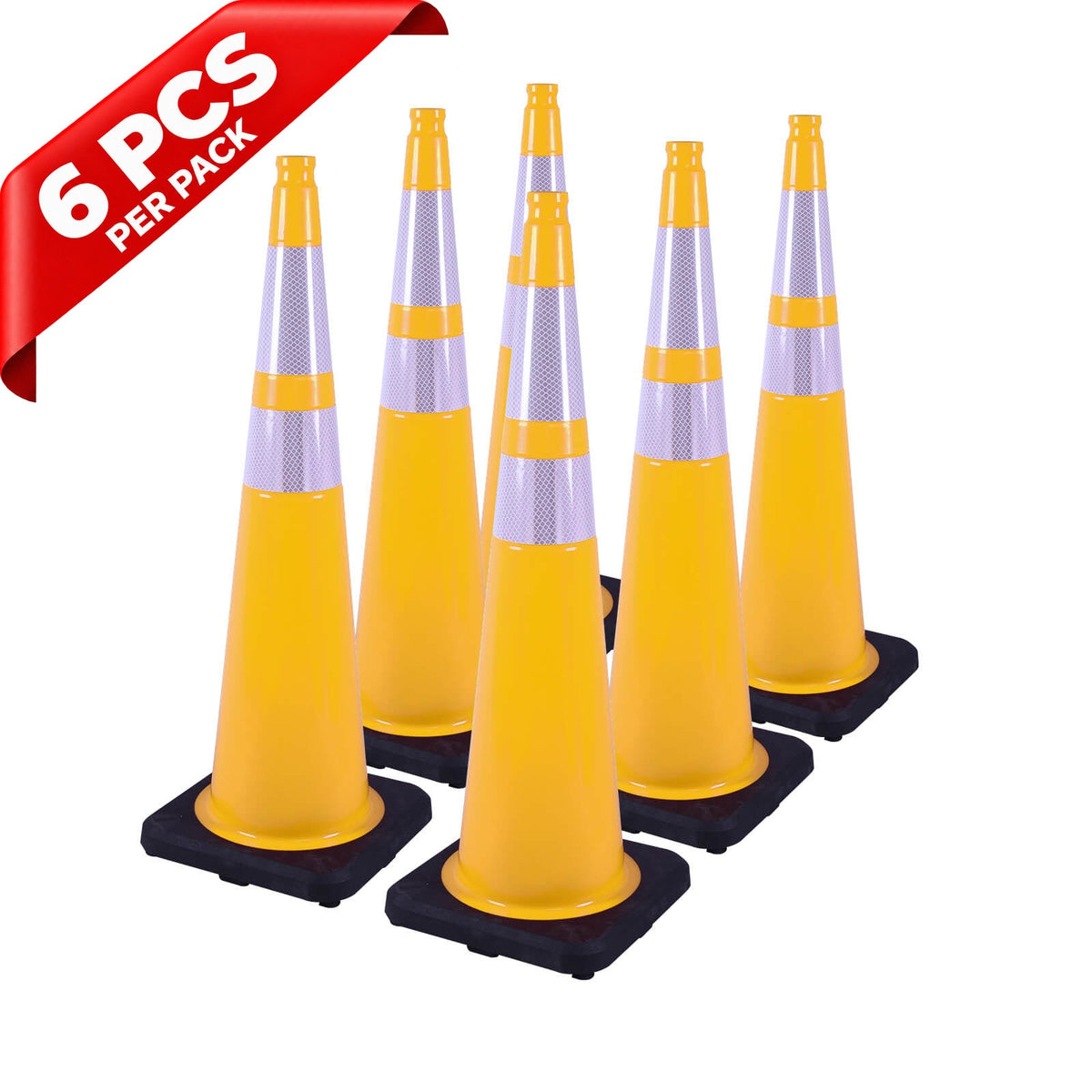 Heavy-Duty Black Base Traffic Cones with Reflective Stripe - side angle