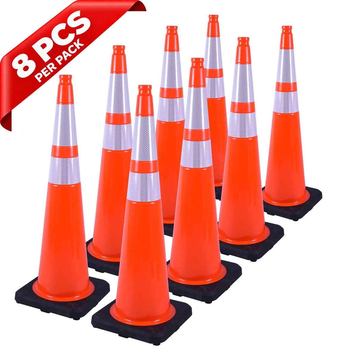 Heavy-Duty Black Base Traffic Cones with Reflective Stripe - with accessories