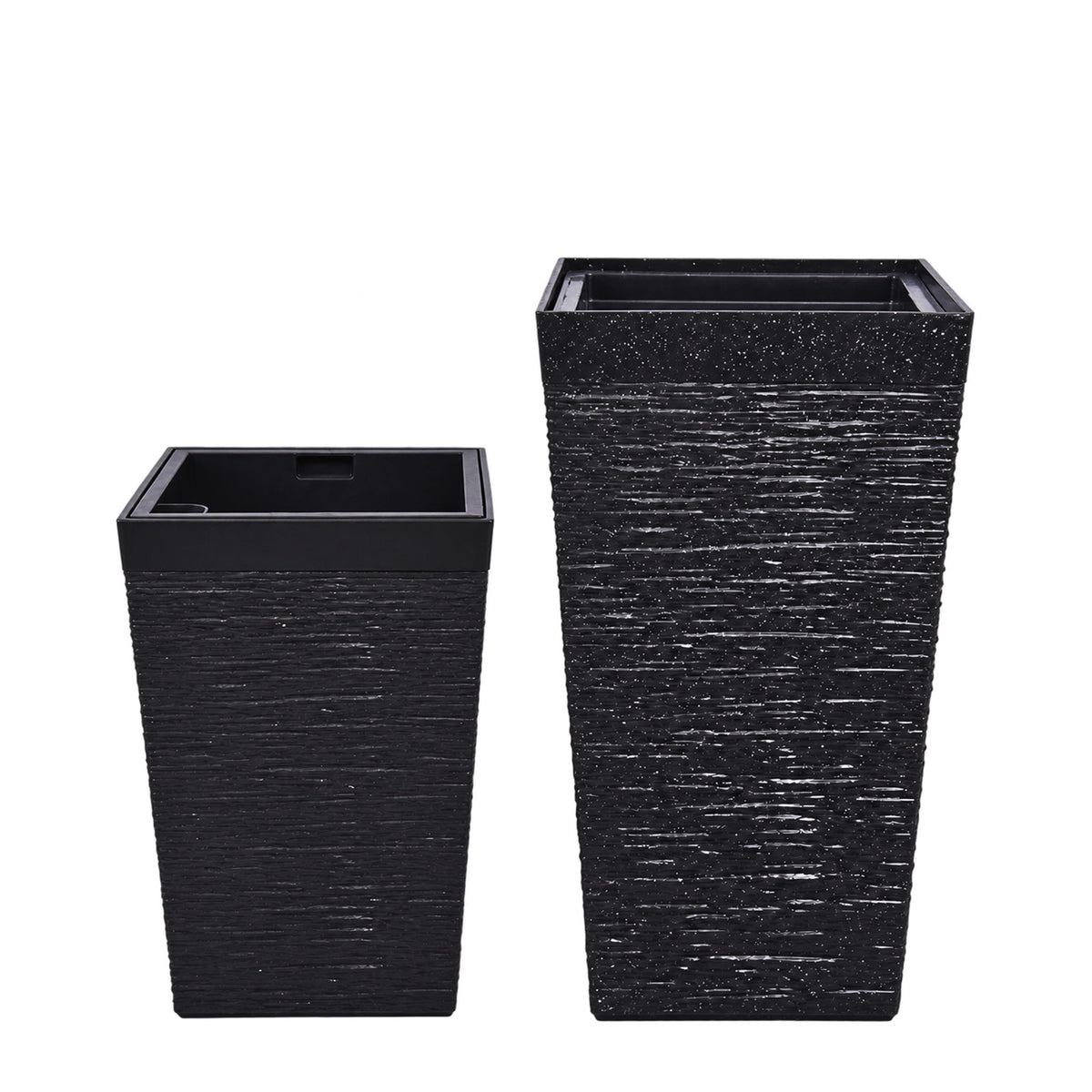 Black tall square planters in two sizes with textured stone-look finish