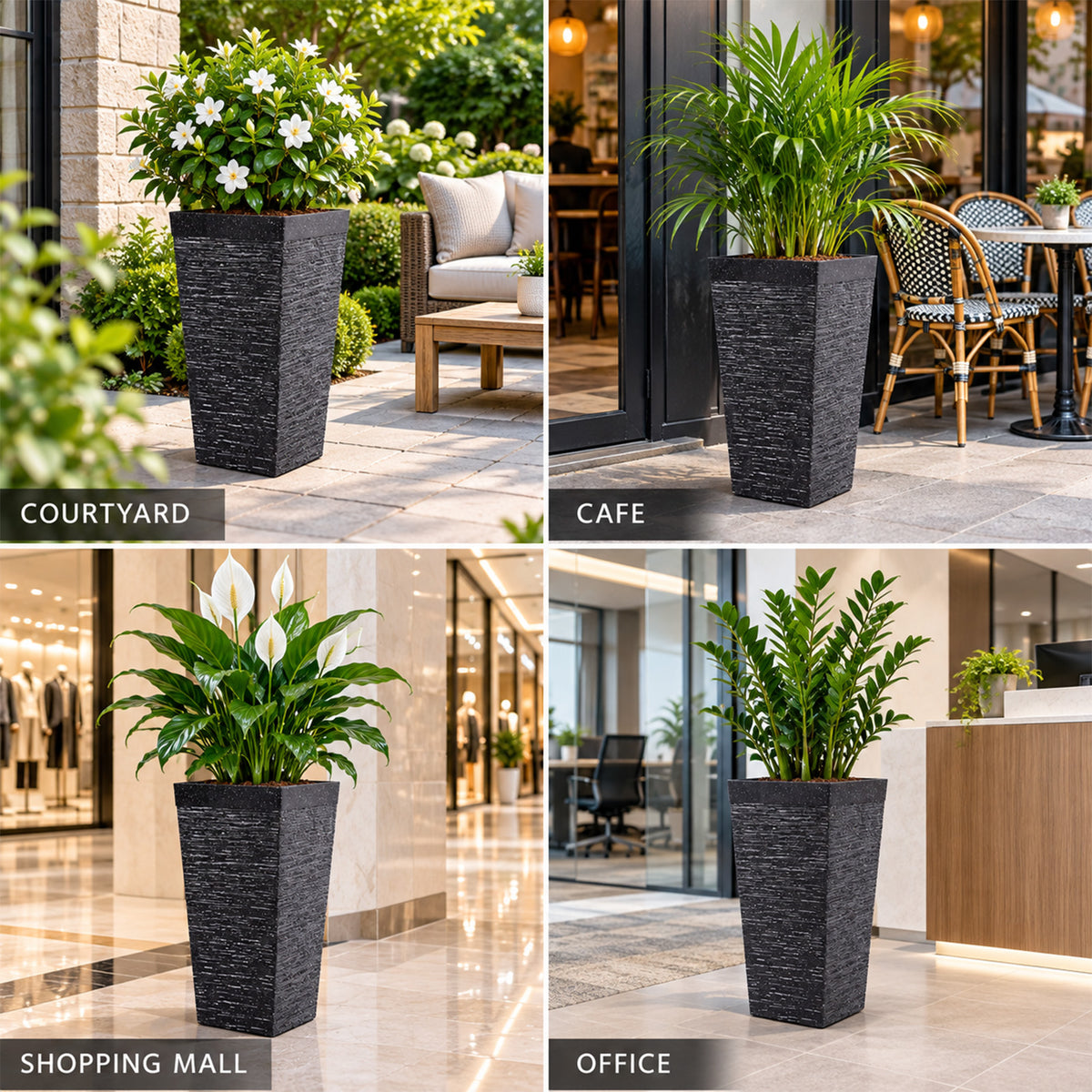 Black square planters displayed in a courtyard, cafe, shopping mall and office