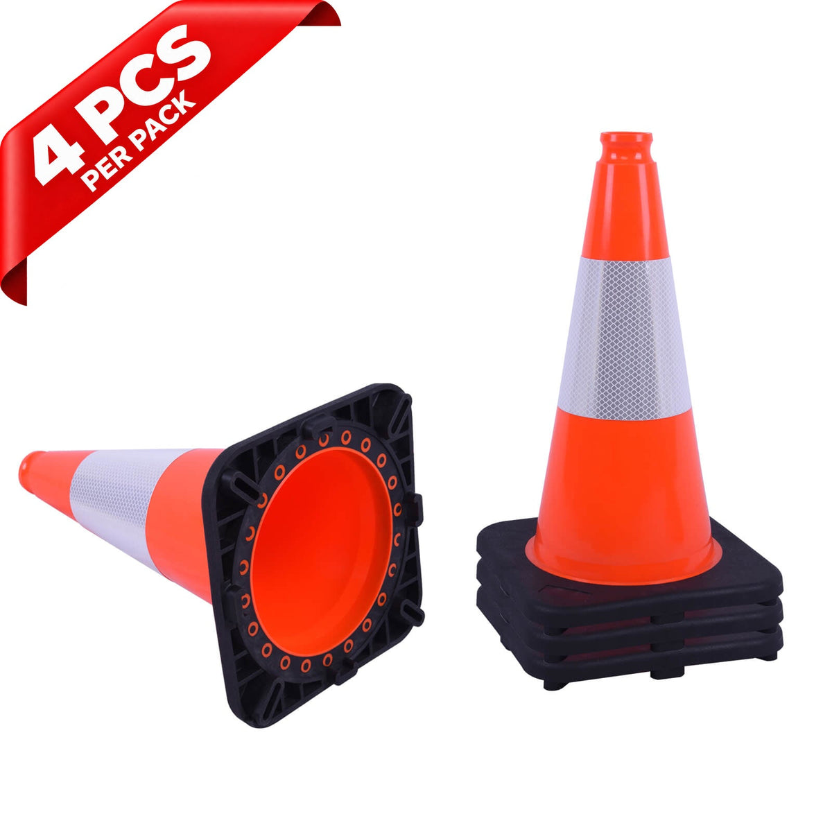 Heavy-Duty Black Base Traffic Cones with Reflective Stripe - in use on site