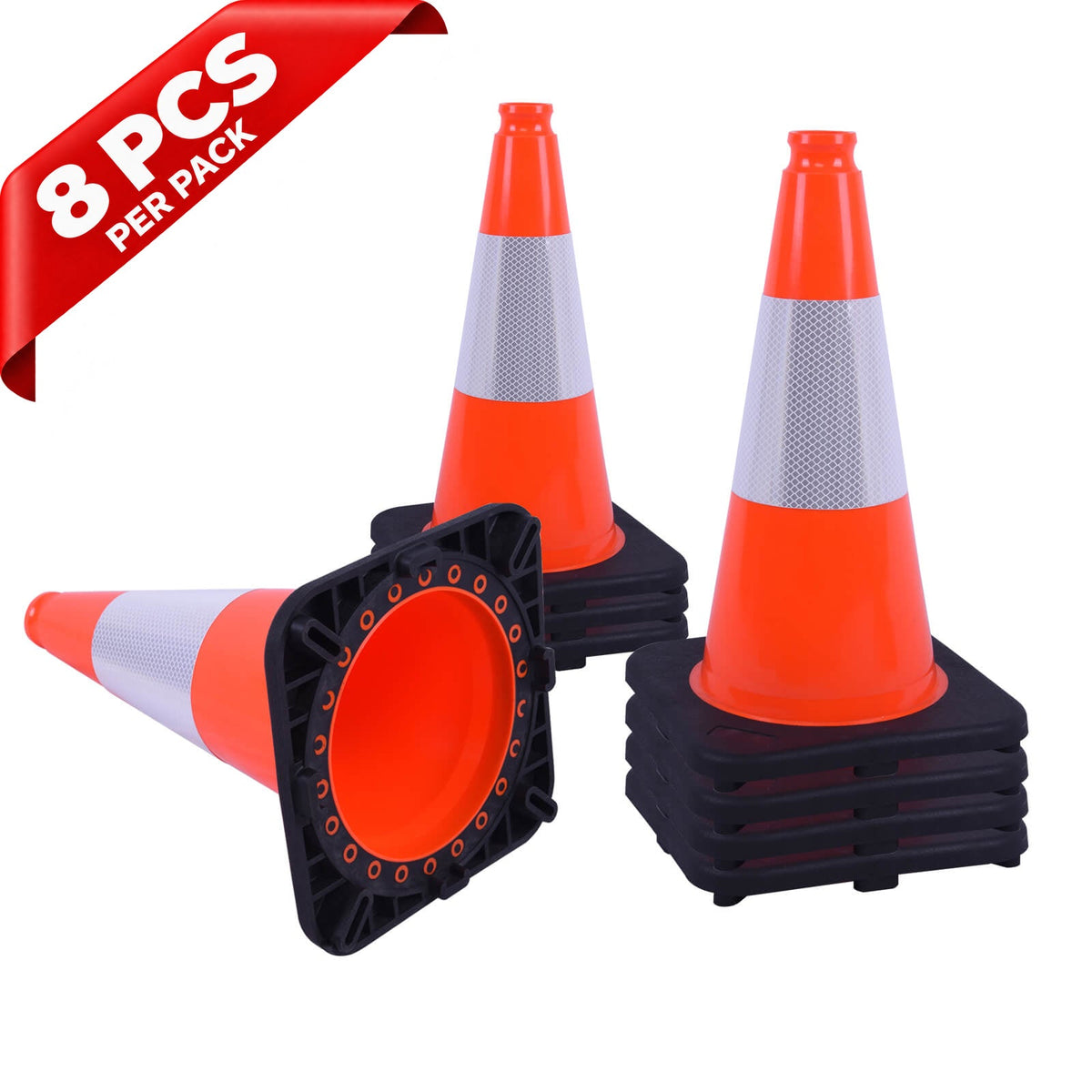 Heavy-Duty Black Base Traffic Cones with Reflective Stripe - with accessories