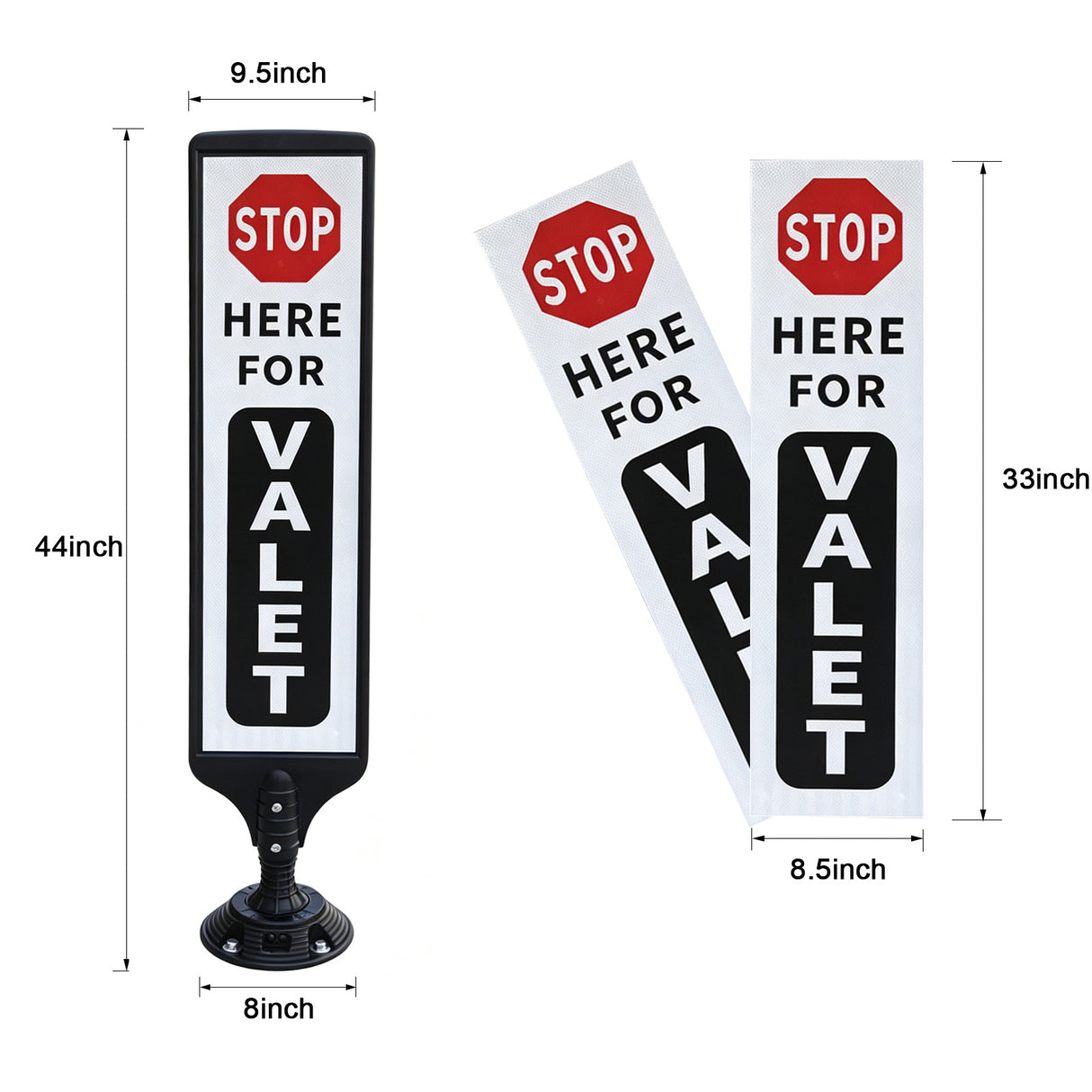 Dimensions of 44-inch spring-back valet parking sign stand and sign sheet