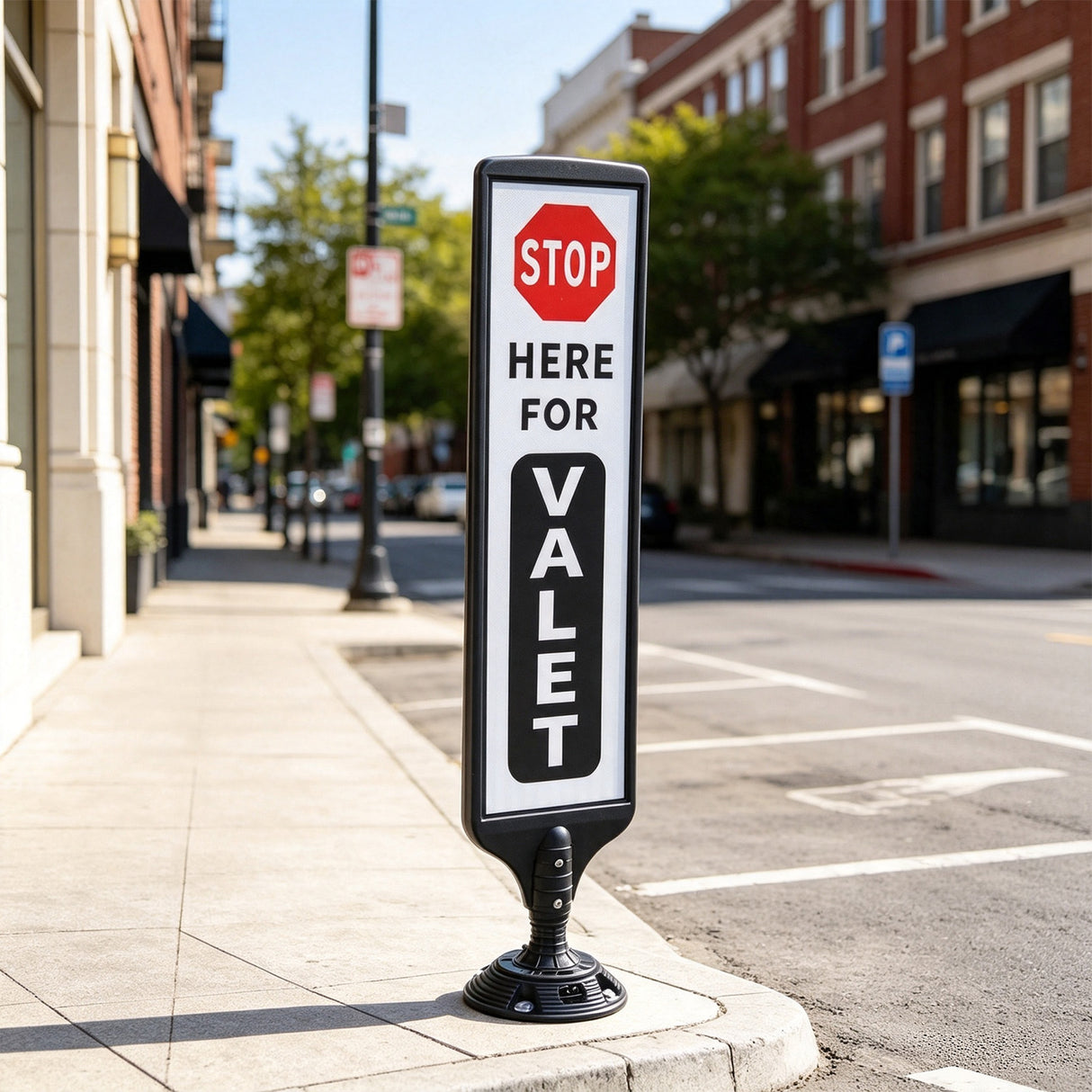 44-inch spring-back valet parking sign stand installed at curbside