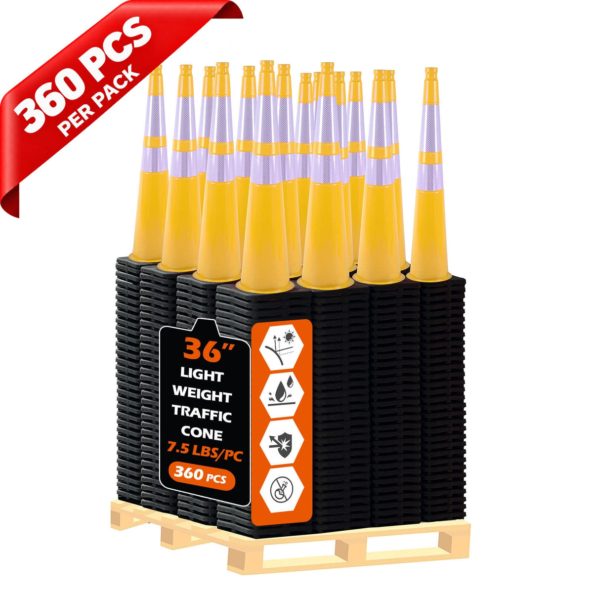 Heavy-Duty Black Base Traffic Cones with Reflective Stripe - close-up detail