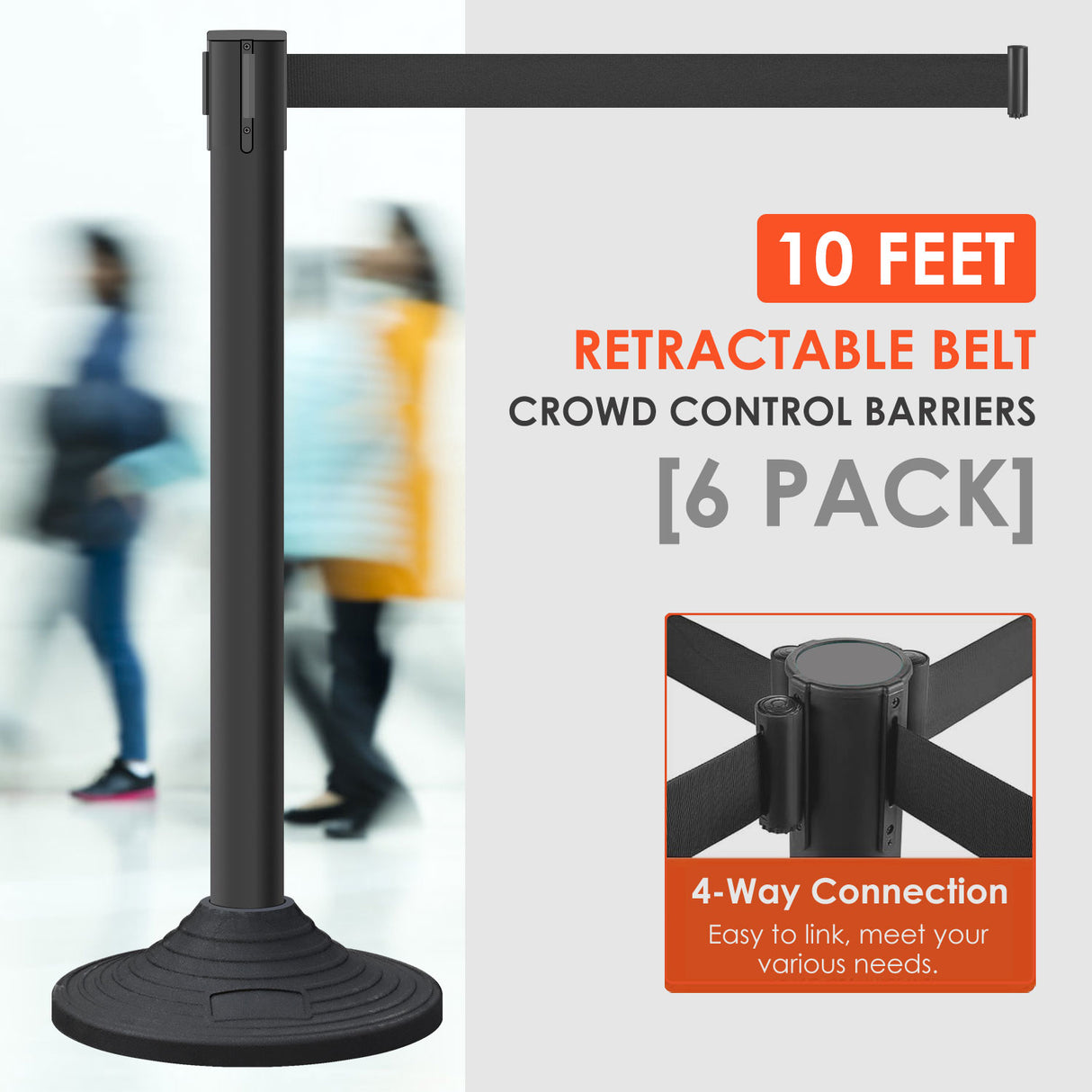 Plastic Retractable Stanchion with 10 ft Black Belt and Rubber Base