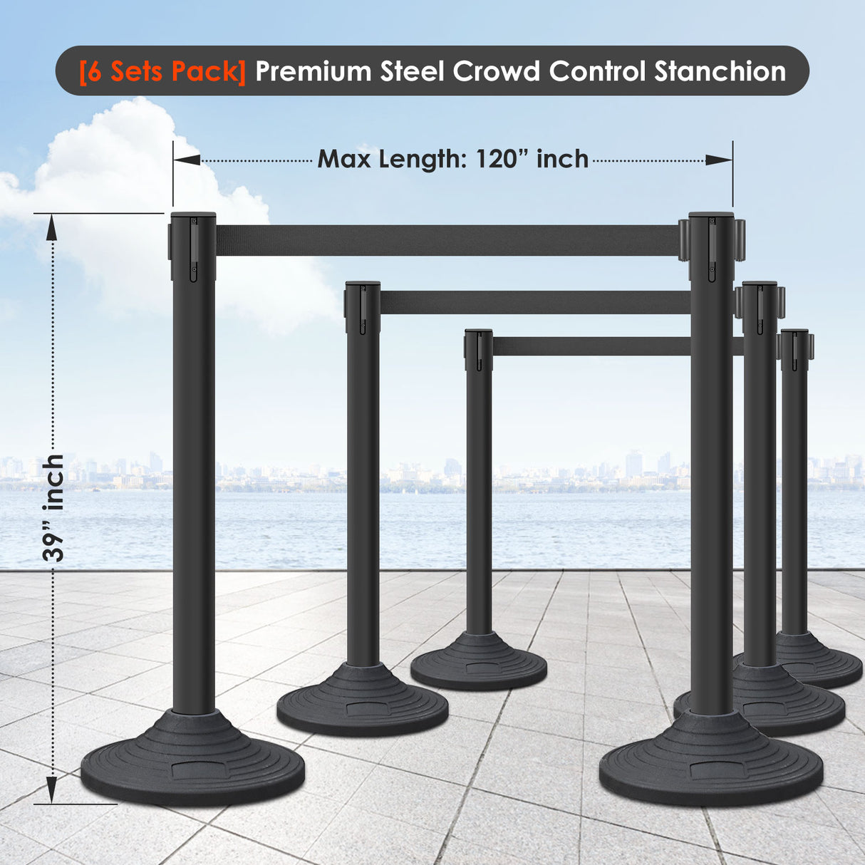 Plastic Retractable Stanchion with 10 ft Black Belt and Rubber Base